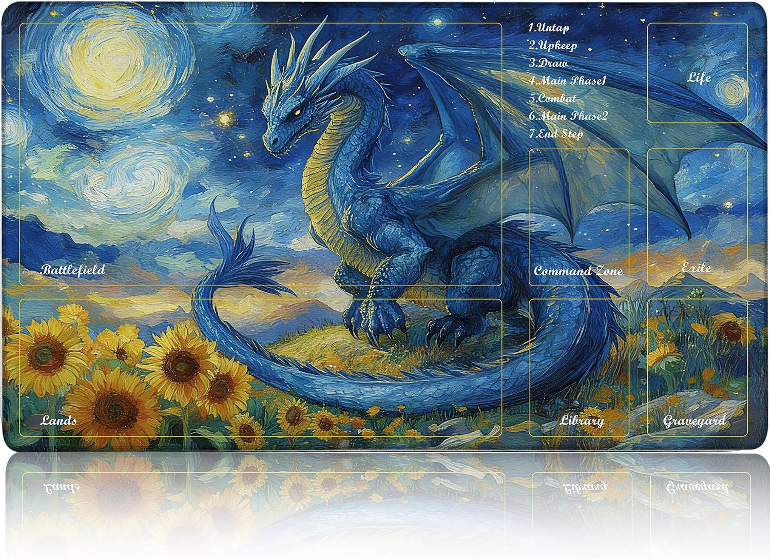 MTG Playmat, TCG Card Game Mat 24x14 Inch, Stitched Edge-Locking, Non-Slip Rubber Play Mat for Magic The Gathering, Trading Card Game Tabletop Mat (Van Gogh's Blue Dragon,with Zone)
