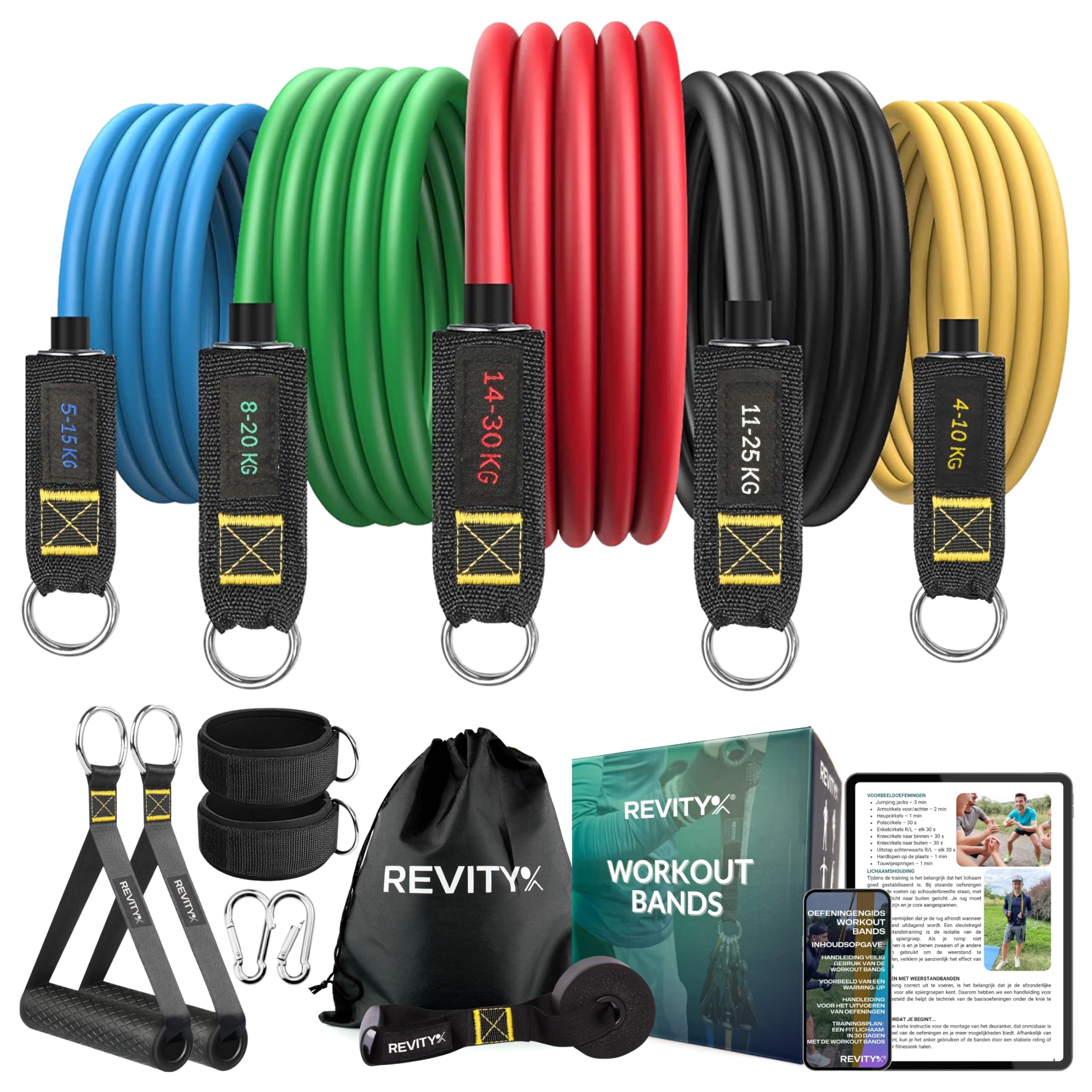 Revity Resistance Bands Strength Training Set of 5 with Handles, Natural Latex