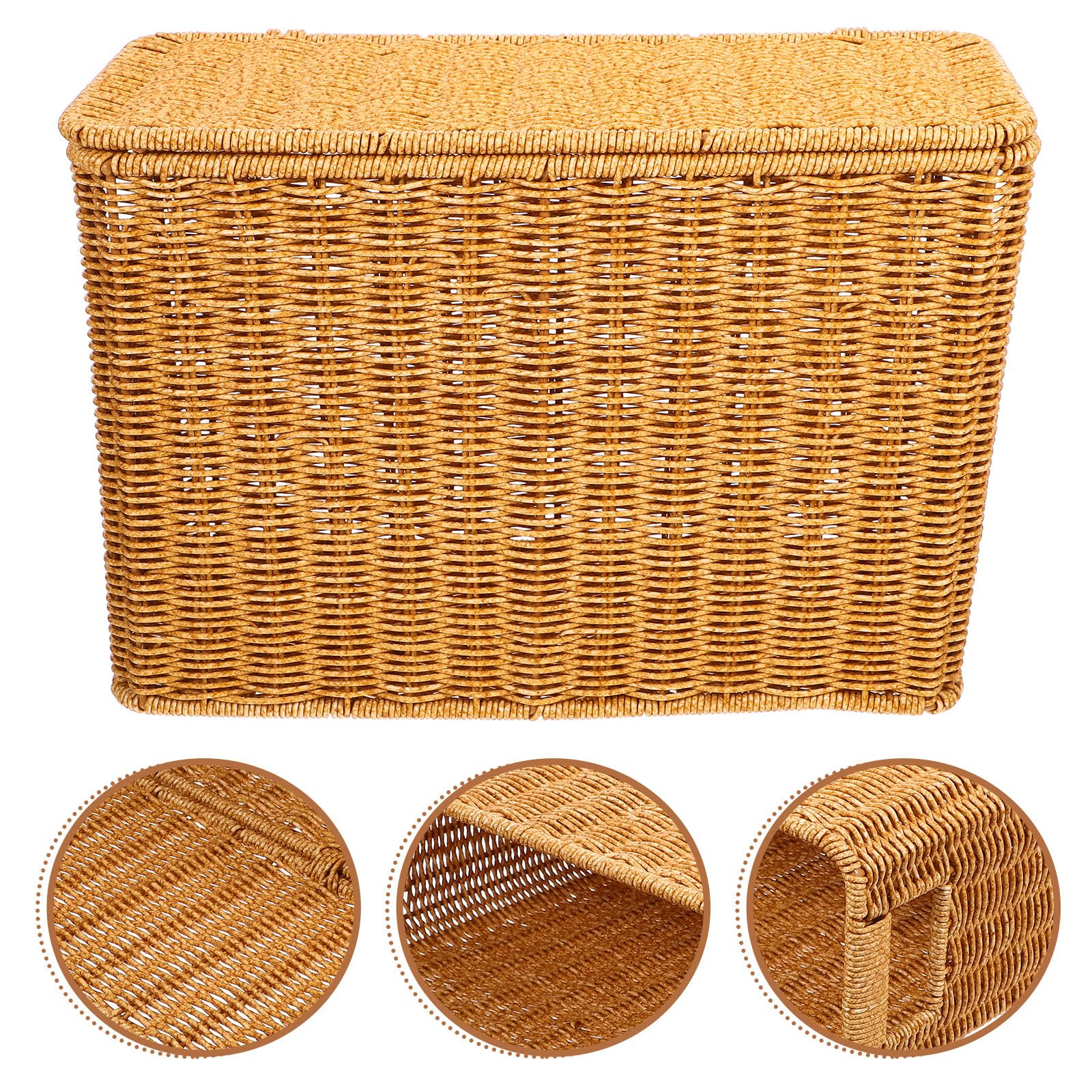Healeved Kleiner Kunststoff Rattan Aufbewahrungskorb mit Deckel und Griff Schmaler und Zeitschriftenkorb für Haushalt und Büro