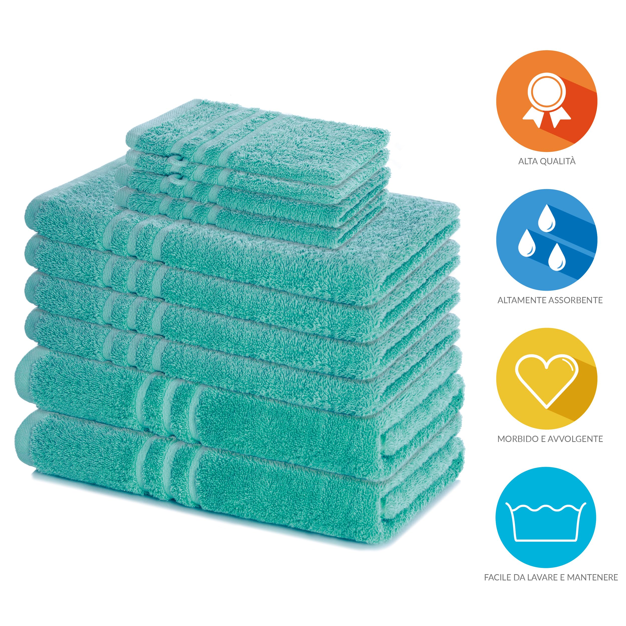Lavea® Set di Asciugamani da 10 pezzi - 100% Spugna di Cotone - 4 Asciugamani Viso, 2 Teli doccia, 2 Asciugamani Ospiti, 2 Lavette - per Casa Hotel Spa - Turchese