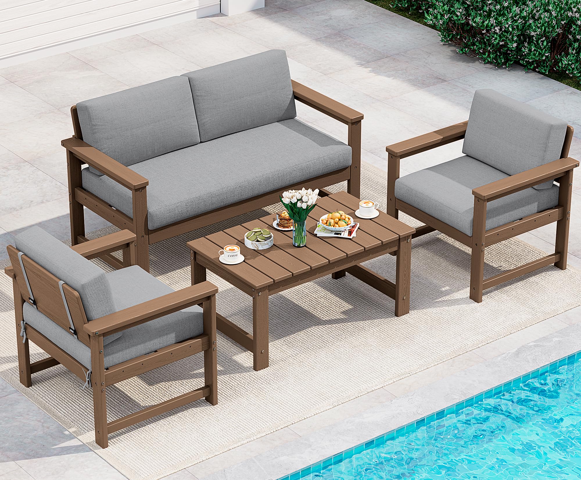 SERWALL 4 Pieces HDPE Outdoor Conversation Sofa Set with Cushions
