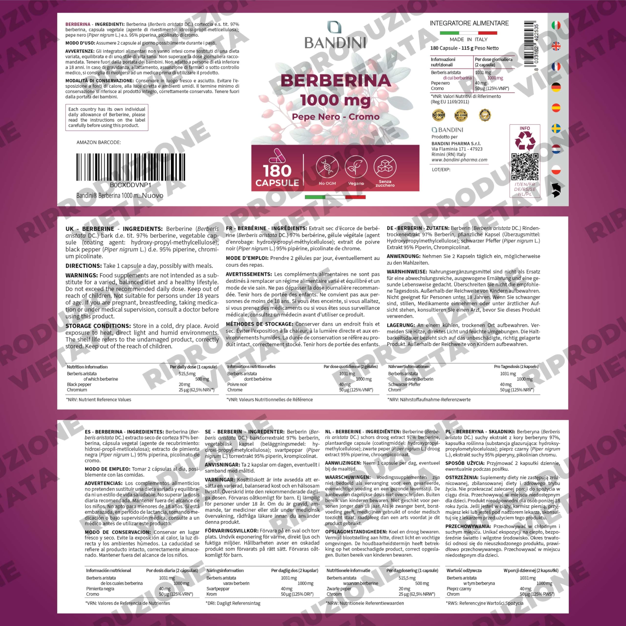 Bandini® Berberina 1000mg pura alto dosaggio | 180 capsule vegane - Berberin HCl da Berberis Aristata al 97% + Cromo e Pepe Nero | Massimo assorbimento - Funzione digestiva, epatica, intestinale