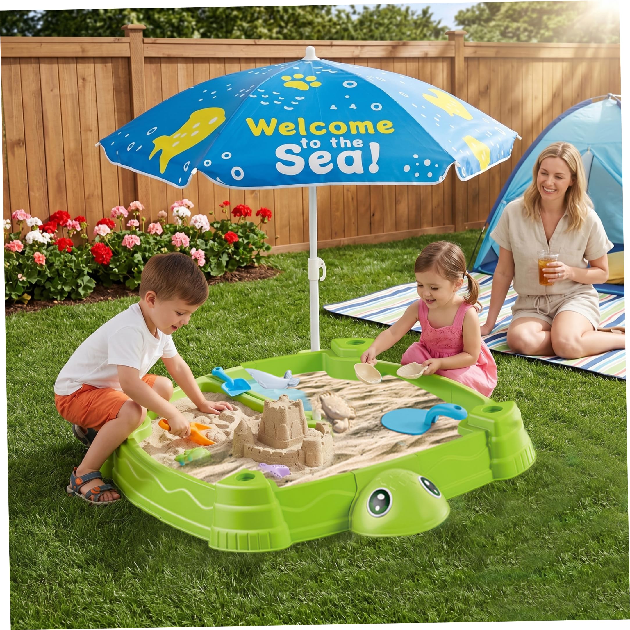 Wassertisch mit Regenschirm, Wasser- und Sandtisch in Schildkrötenform, Sandkasten zum Spielen im Freien mit Deckel für Kleinkinder