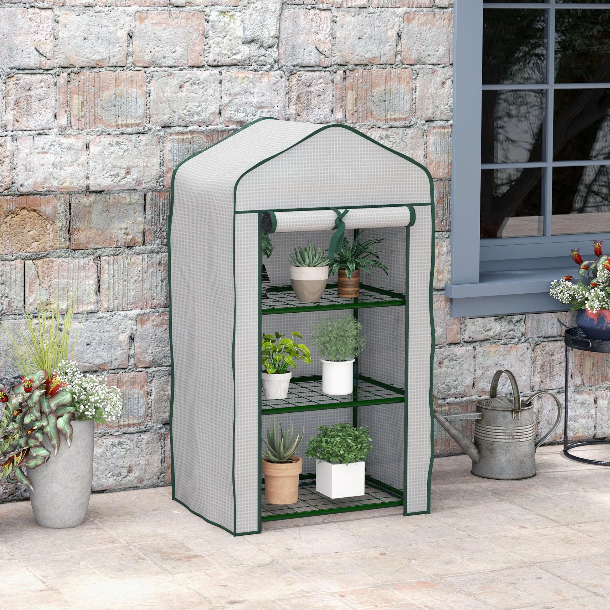 Outsunny Serre de Jardin avec étagères 3 Niveaux, Serre de Balcon, bâche renforcée PE, châssis en Acier, Porte zippée Enroulable, pour légumes Plantes Fleurs, 59 x 39 x 127 cm, Blanc