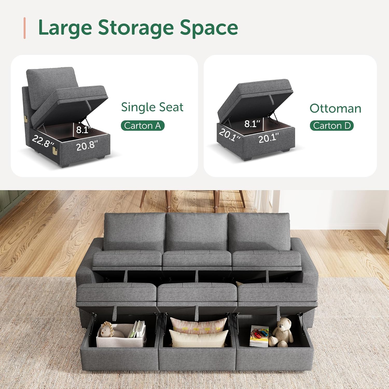 HONBAY Modular Sectional Sleeper Sofa, Sleeper Couch with Storage Seats Oversized Sectional Couches for Living Room,Grey