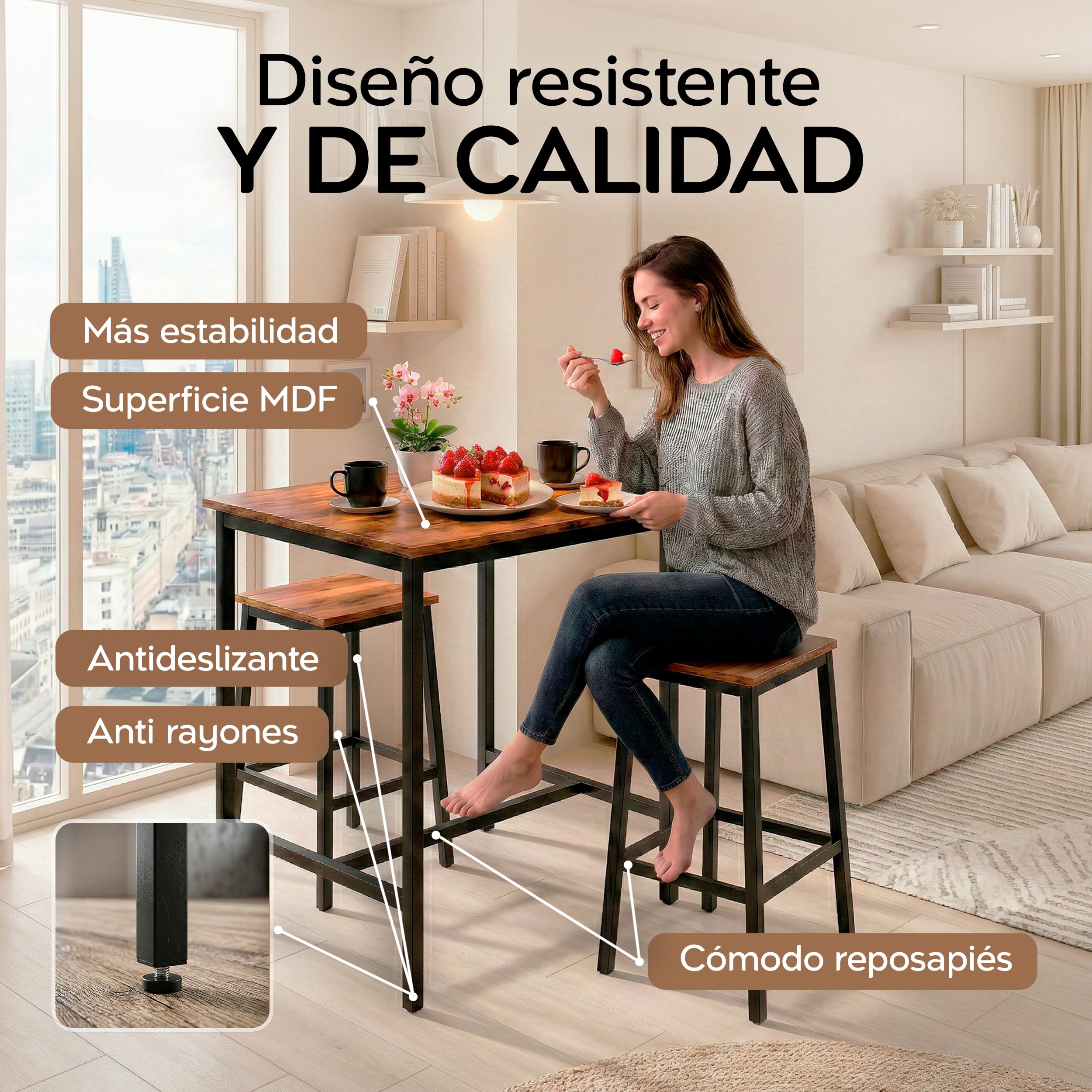 Marctani Juego de Mesa Alta Cocina con Taburetes (Set de 3 Piezas) - Mesa Alta Bar de Estilo Industrial 90 x 60 cm - Estructura de Metal Negra y Madera MDF - Patas Antideslizantes y Antirayones