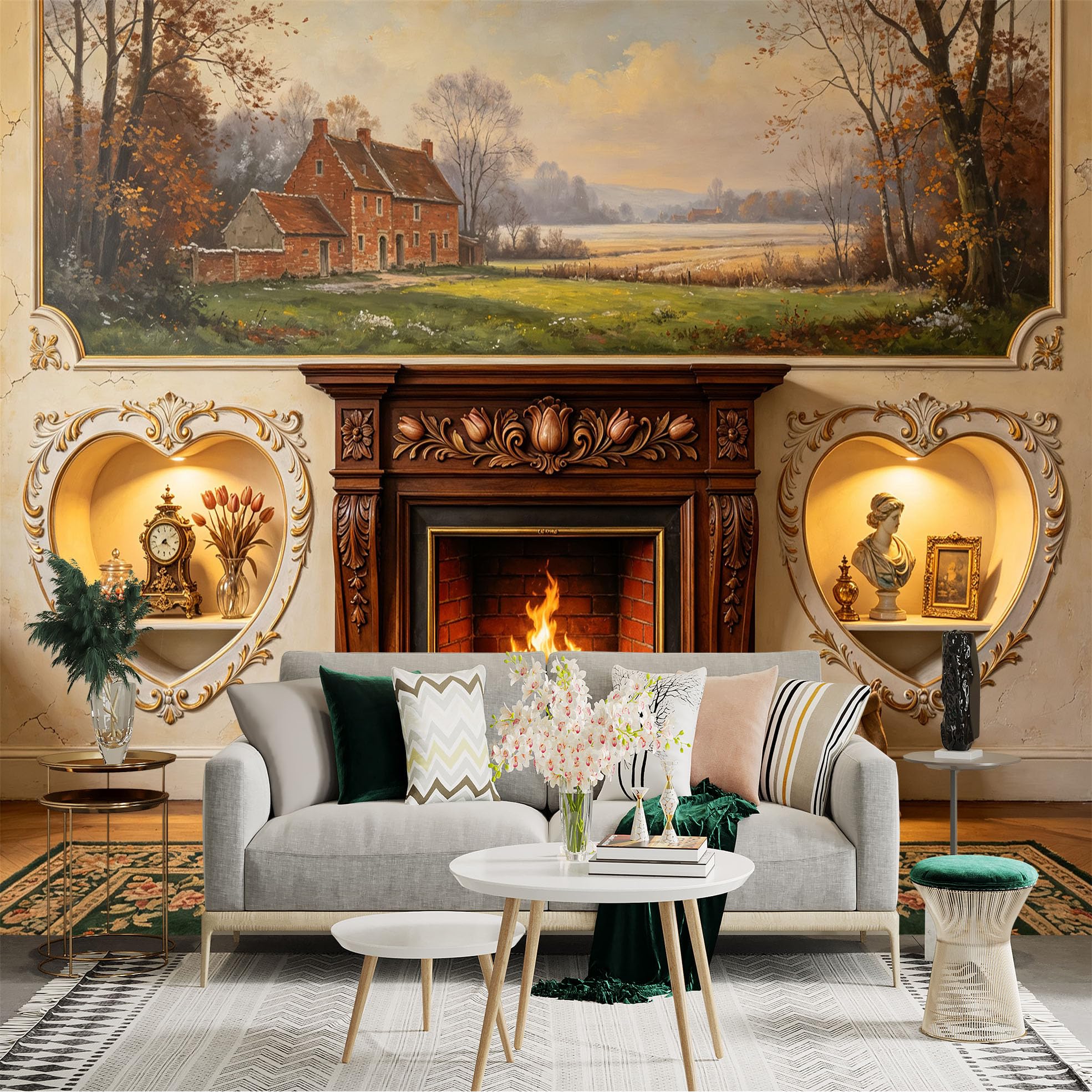 Lnzczhyre Bh260719624 Custom Size Wall Sticker Mural， Pastoral Countryside Cottage， Autumn Forest Landscape， Vintage Oil Painting Style， For Wall Decoration， Peelandstick Wall Decals.