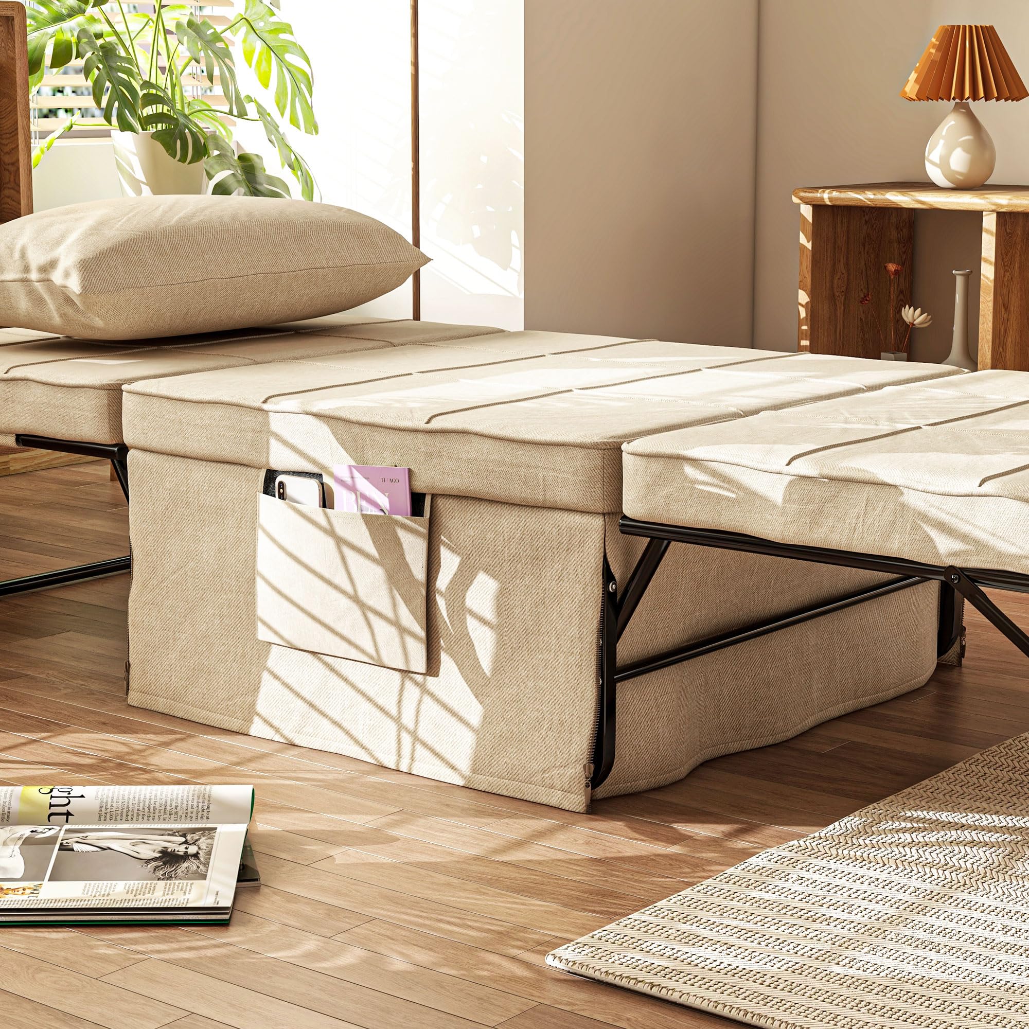 HOMCOM Sofá Cama de 1 Plaza 4 en 1, Sillón Cama Plegable, Otomana, Tapizado en Lino, con Respaldo Ajustable de 5 Niveles, Almohada Acolchada, para Oficina, Dormitorio, Salón, 75x80x74 cm, Crema