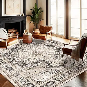 Washable Area Rug 10'x14' Black-Purple Khaki Retro Flowers Boho Design Non-Shedding Easy Care Ideal for High Traffic Areas in Living Room Bedroom Office Coffee Table Kitchen Large Carpet