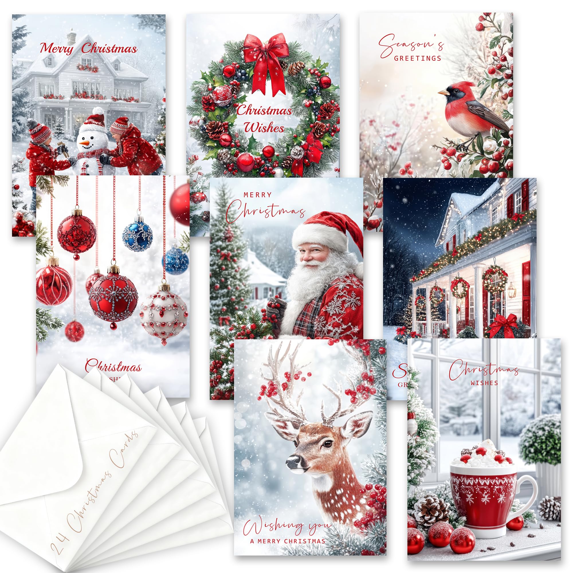 Christmas Cards 2025, Christmas Cards Pack with Envelopes, Xmas Cards for Family, Friends, Lovers and Business Partners, Folded Size with Blank Inside, Xmas Cards Multipack of 24