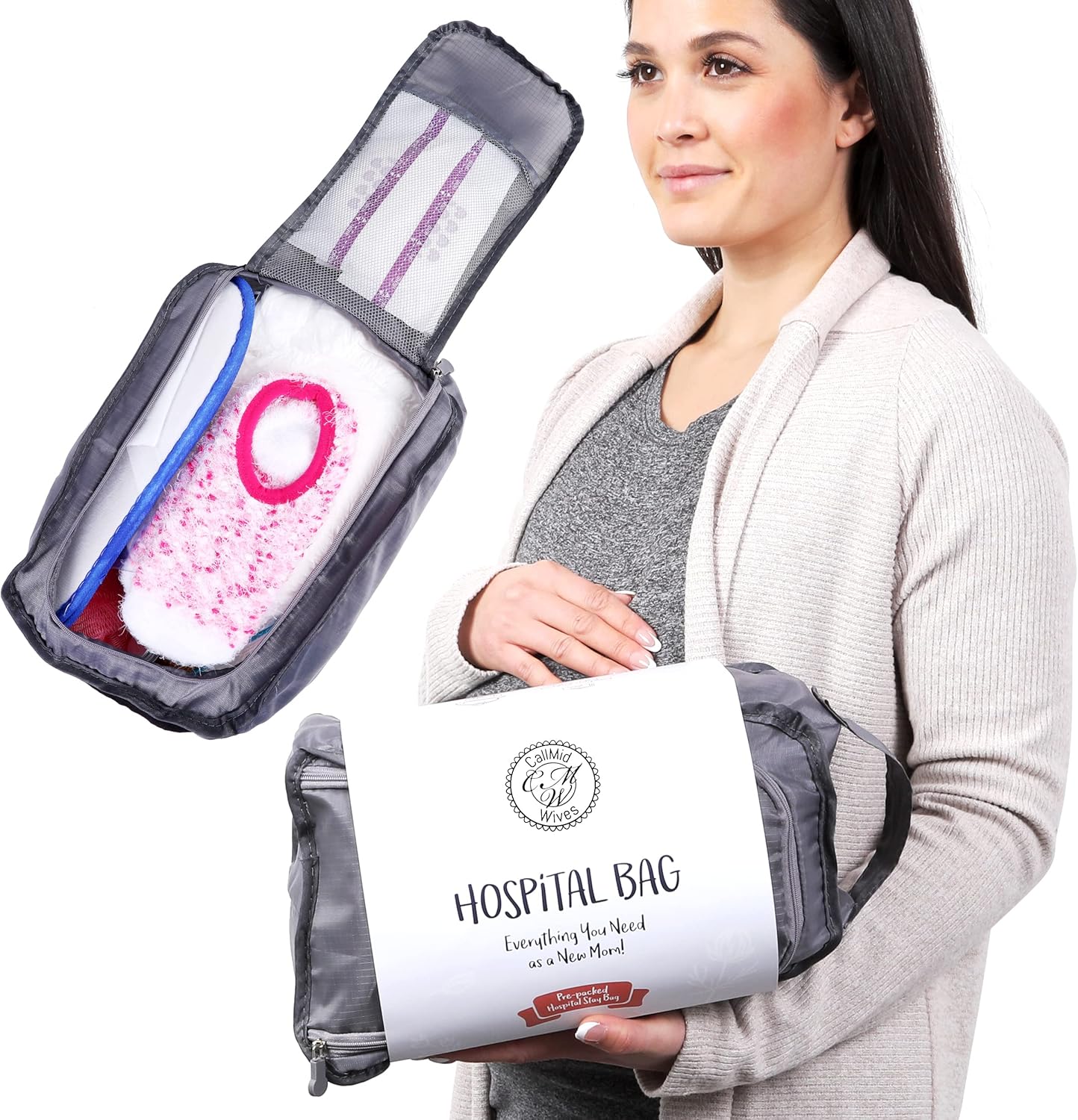 Hospital Bags for Labor and Delivery - Pregnancy Maternity Hospital Bag Essentials for Mom Pre Packed Set Gray Underwear L/XL