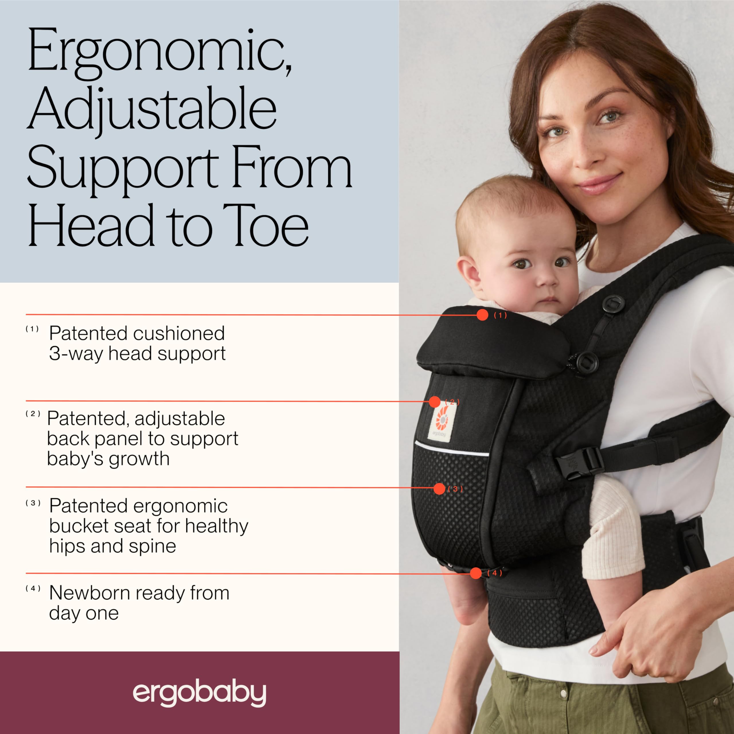 Ergobaby Adapt Baby Carrier for Newborns from Birth, 3 Positions, SoftFlex Mesh, Ergonomic Baby Belly Carrier, Back Carrier, Baby Carrier, Onyx Black - 3
