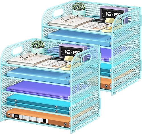 Miniatura 19 de Organizador de papel de 5 niveles con asa, organizador de escritorio de malla de metal plateado, carpeta de archivos, bandeja de papel para cartas,