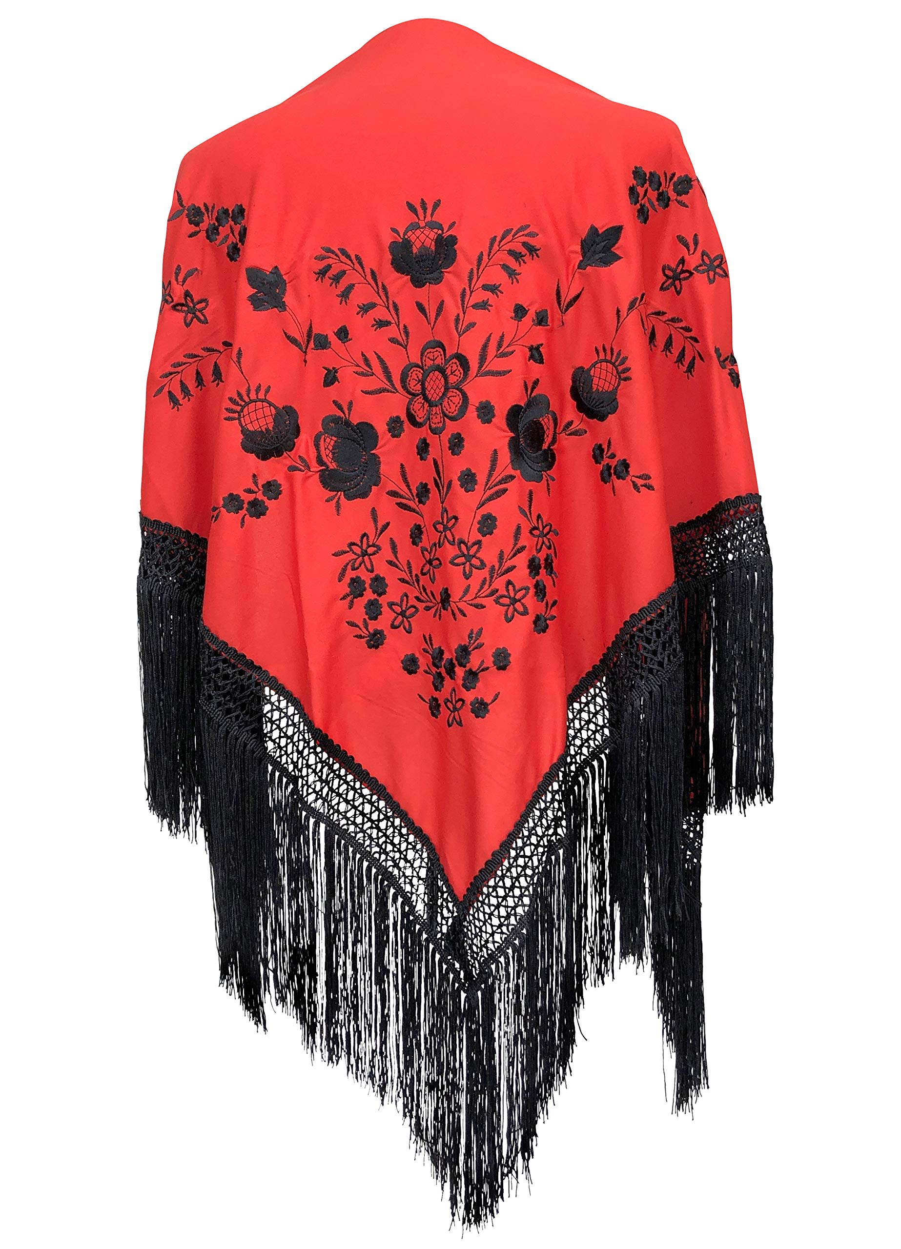 La Senorita Spanish Manton Cloth Scarf Embroidered. Flamenco Shawls for the Fair, Sevillana, or Flamenco Dress. [63 x 31.5 inches] Ideal Size for All Ages [Girls & Women], dark red, M