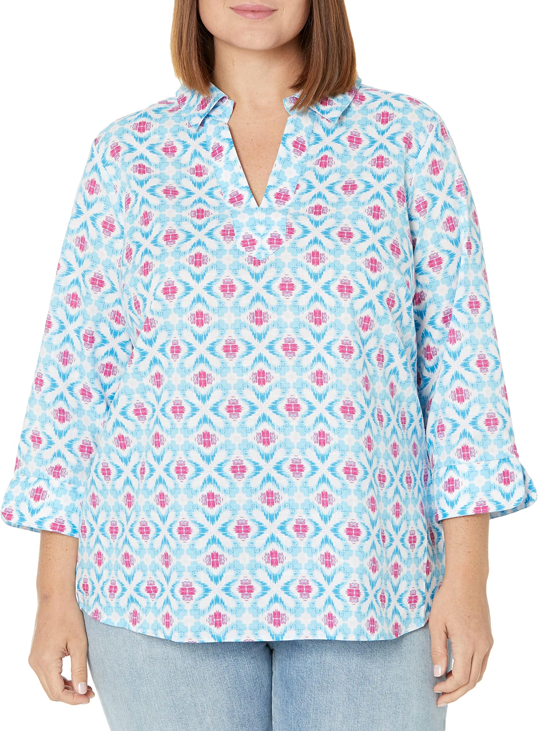 Foxcroft Women's Plus Size CORA 3/4 Sleeve with Tulip Cuff Island Ikat Blouse, Blue Grotto, 14W