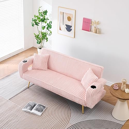 Sofá cama convertible tapizado de pana con portavasos, sofá cama futón con 3 respaldos reclinables y almohadas, sofás modernos y cómodos para sala