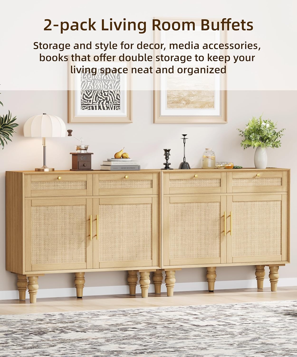 35.4" Rattan Buffet Sideboard Cabinet with Storage, Boho Buffet Table with Adjustable Shelf & 2 Drawer, Floor Storage Cabinet with Solid Wood Legs for Kitchen, Dining Room and Living Room, Natural
