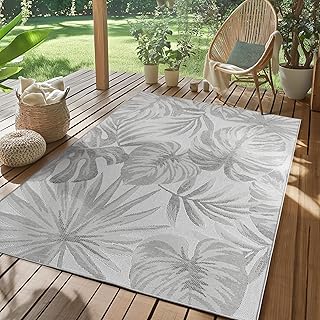 SIMPEX Outdoor Teppich Wetterfest Grau 200x290 cm, UV-beständig, ideal für Küche, Balkon, Terrasse, Garten Wohnzimmer Esszimmer, Palmblätter-Design, Pfelgeleicht