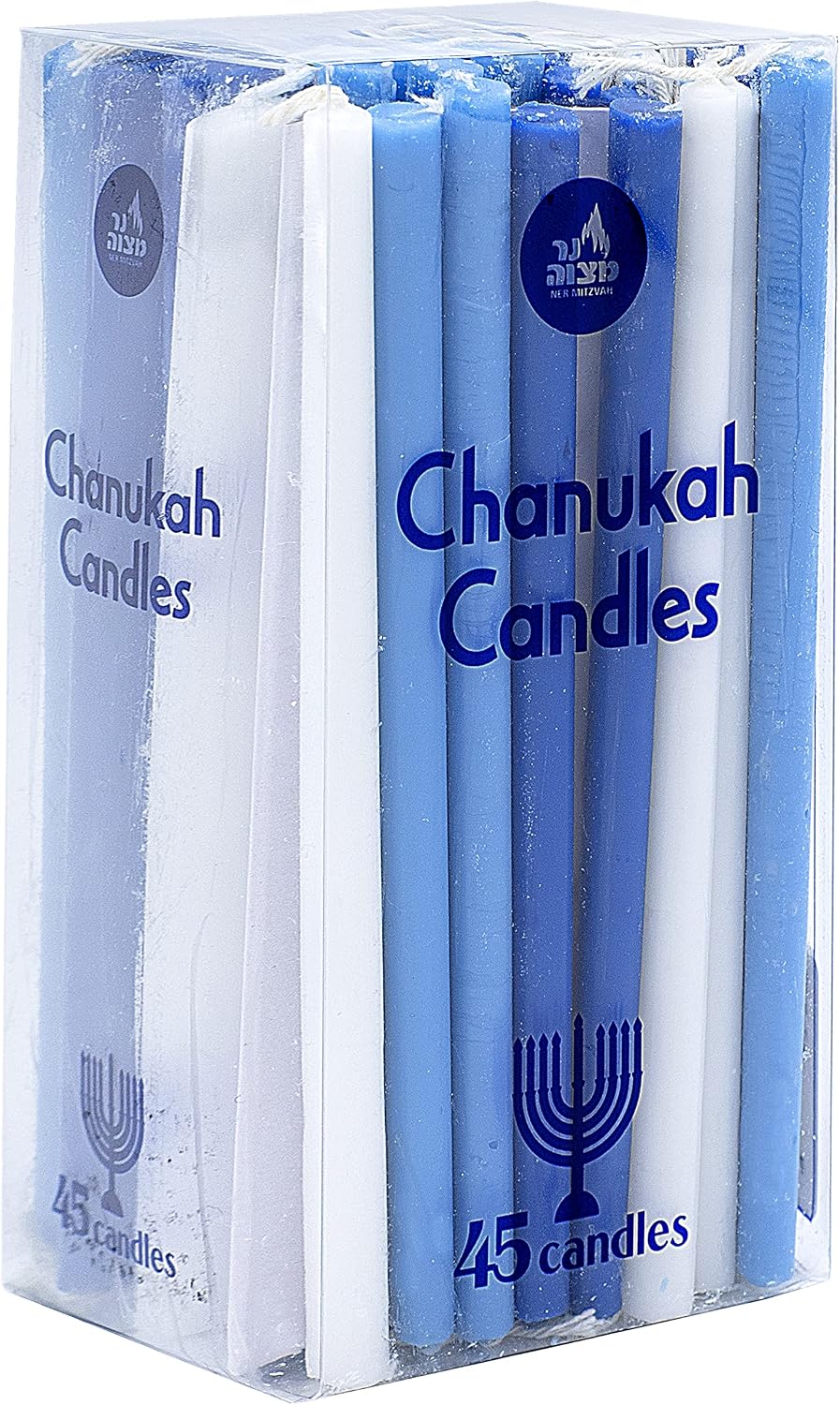 Ner Mitzvah Long Chanukah Candles, Diameter Fits Most Menorahs, Premium Quality Wax - Blue and White for All 8 Nights of Hanukkah - Count 45, Standard Size