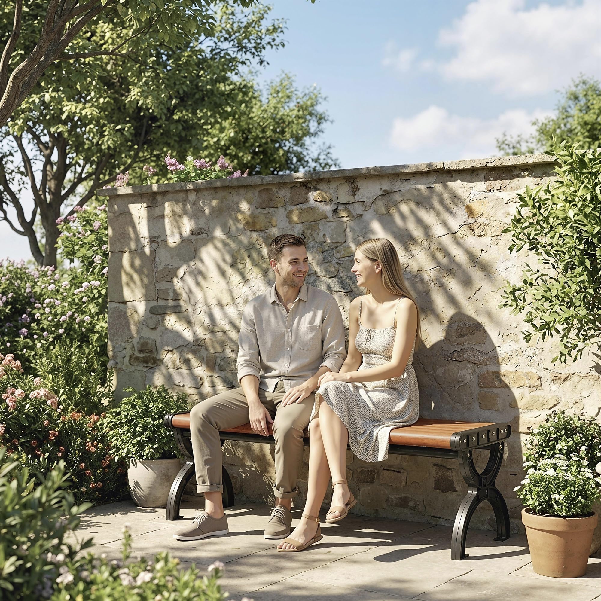 Outsunny Banc de Jardin Banc extérieur 2 Places avec Cadre en Métal et Assise à Lattes, antirouille, pour terrasse, Patio, pelouse, 124 x 39 x 39 cm, Effet Bois