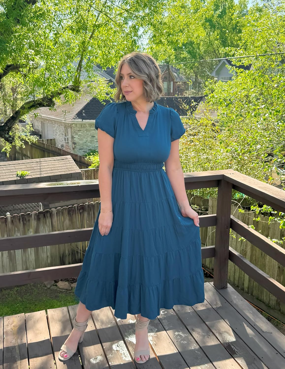 ZESICA Women's Summer Casual Maxi Dress 2026 Puff Short Sleeve V Neck Ruffle Tiered Flowy Boho Beach Dresses - Image 5