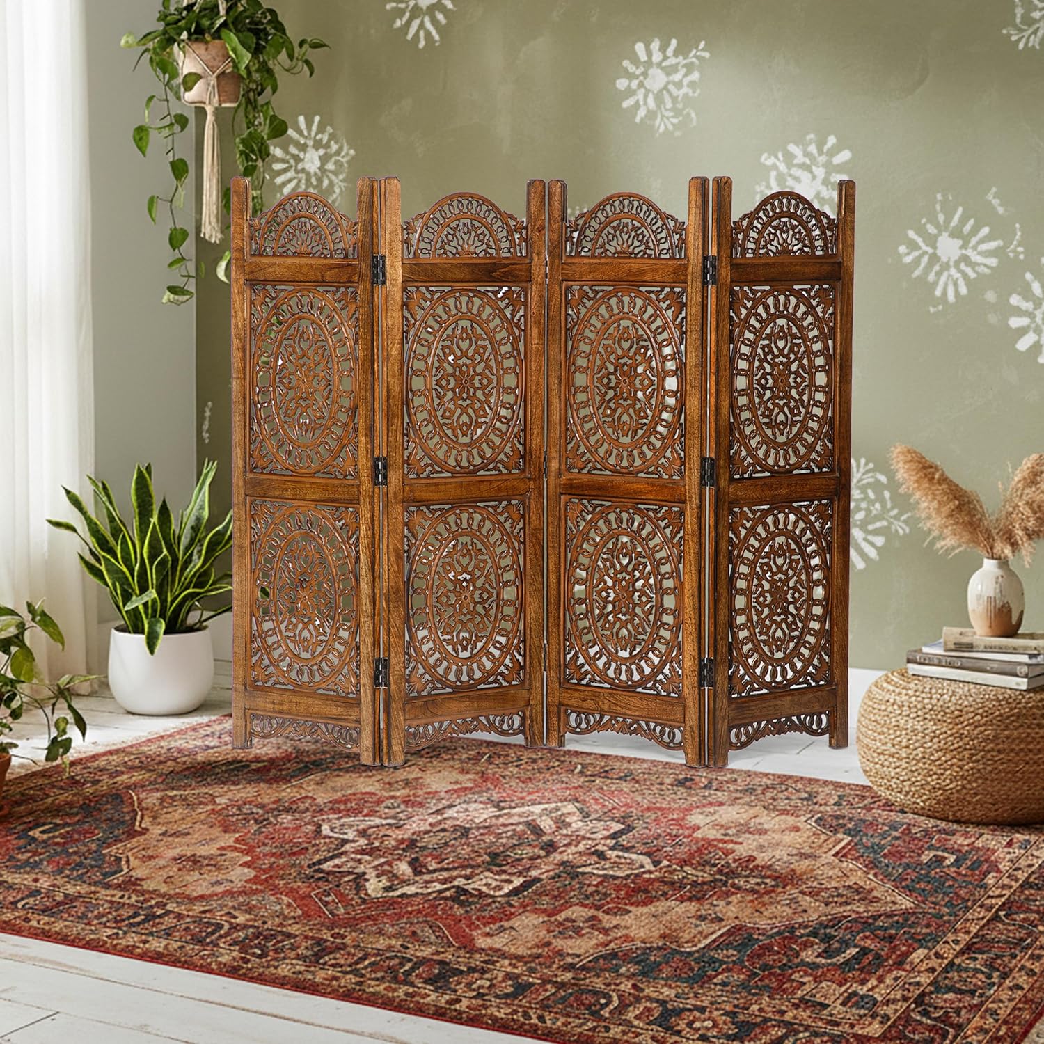 Lightnpro Wood Heart Design Handmade Hinged Foldable Partition 4 Panel Room Divider Screen with Intricately Carved Designs, Pre Assembled - Ready to Use - 48" x 1" x 64", Burnt