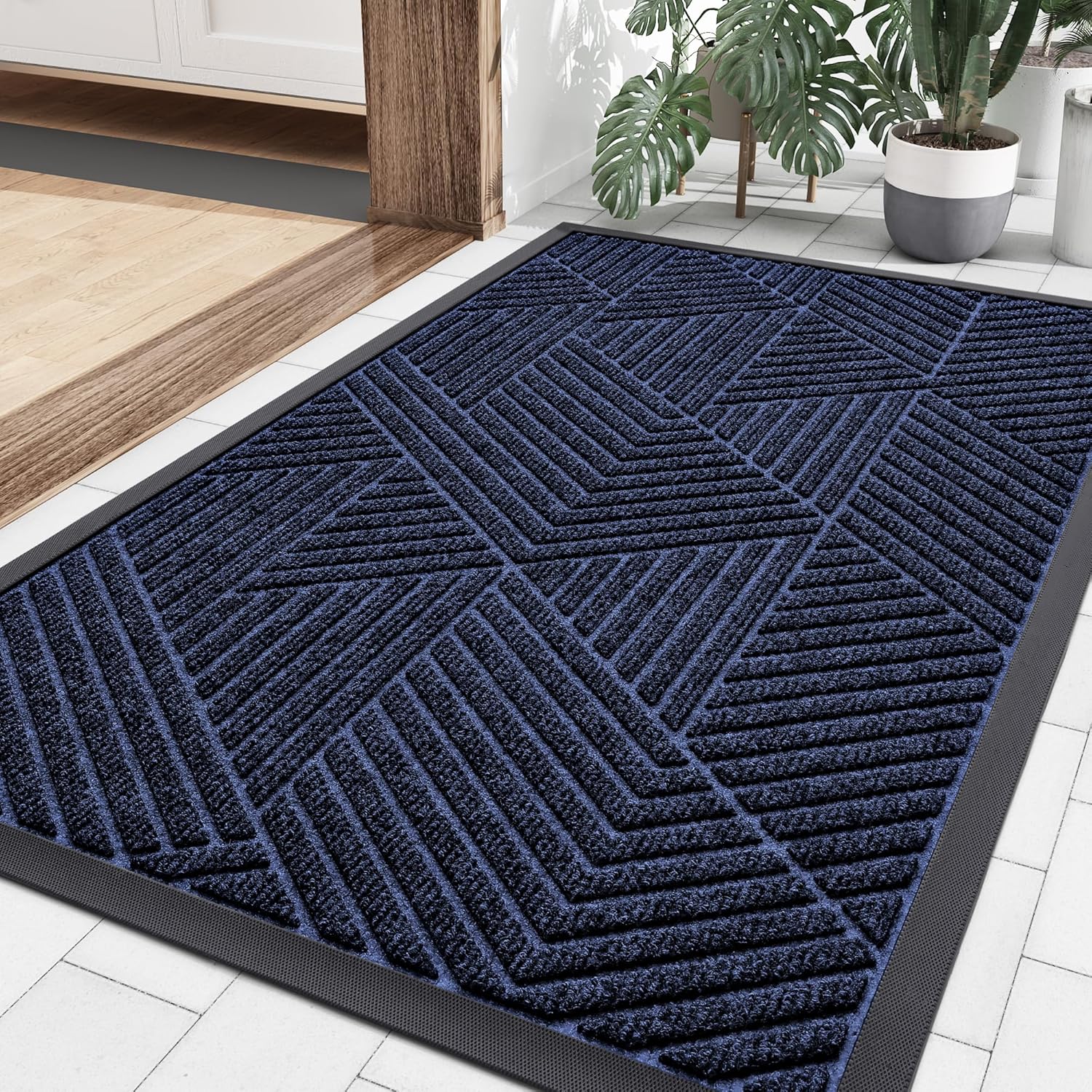Smiry Front Door Mat Outside Entrance, Heavy Duty Sturdy Natural Rubber Doormat, Trap Dirt and Moisture, Easy Clean Low Profile Mats for Indoor Outdoor Entry, Irregular Triangle (36x24, Navy Blue) Navy Blue Irregular Triangle Rectangular 36" x 24"
