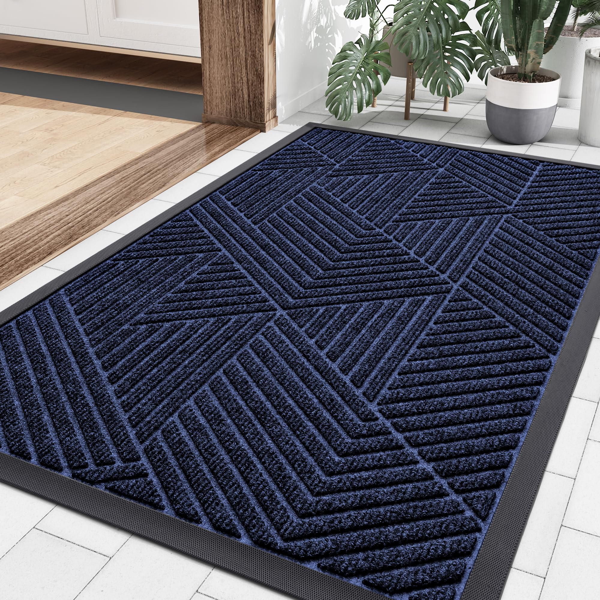 smiry Front Door Mat Outside Entrance, Heavy Duty Natural Rubber Mat, Sturdy Trap Dirt and Moisture Indoor Outdoor Door Mat, Easy Clean Low Profile Doormat for Entryway, 36x24 Inch, Navy Blue
