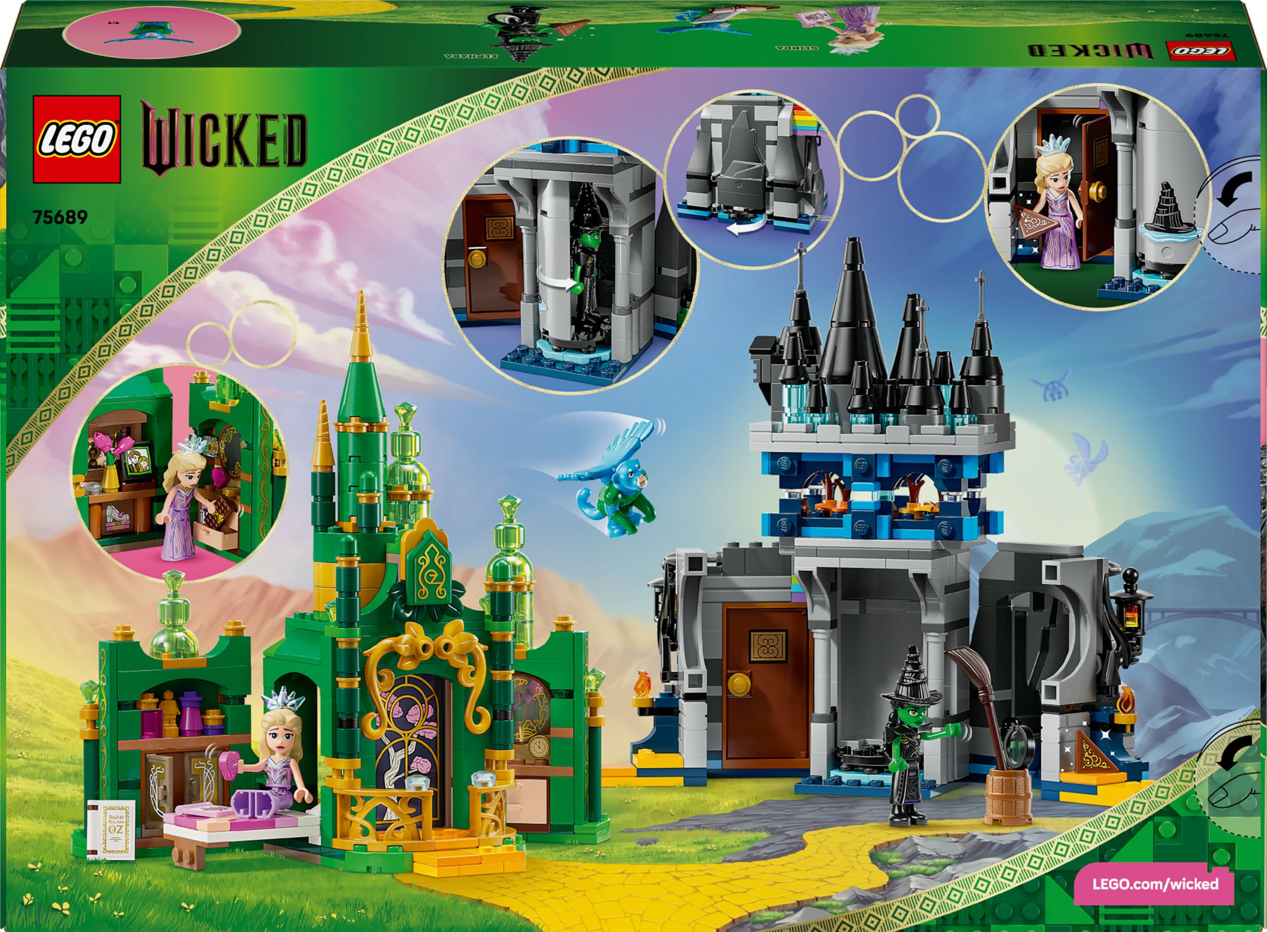 LEGO Wicked Città di Smeraldo e Castello Kiamo Ko - Giocattolo da Esposizione con Mini Bamboline di Elphaba e Glinda, Scimmia e Accessori - Regalo per Bambine da 9 Anni in su Fan del Film - 75689