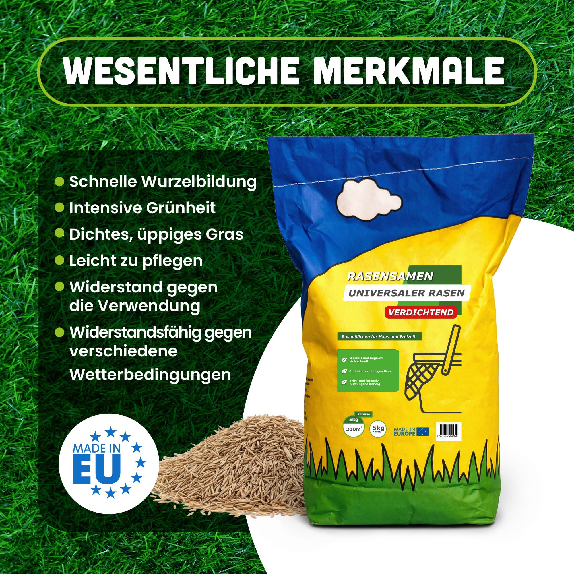 Rasensamen Schnellkeimend Sommer | 5kg Grassamen | Nachsaat & Neuansaat | Robust & pflegeleicht 5kg– Reicht für 200m²|Rasen samen Dichtes, sattgrünes Gras | Rasensaat ideal für jeden Rasen