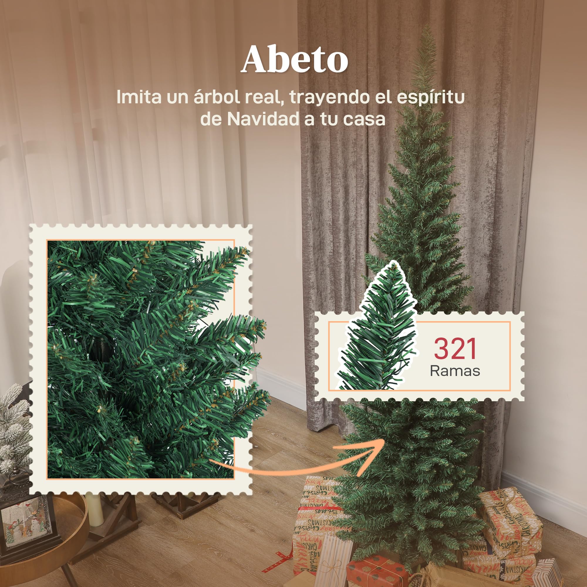HOMCOM Árbol de Navidad Estrecho 180 cm, Árbol de Navidad Artificial con 321 Ramas, Soporte Metálico, Fácil de Montar, Decoración para Interior, Hogar, Oficina, Verde
