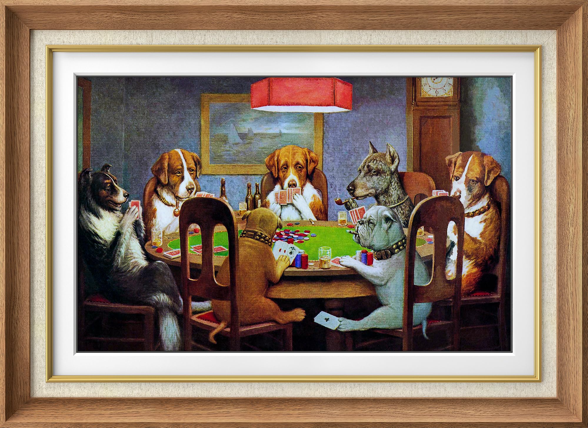 MUDECOR Premium Framed Wall Art Dogs Playing Poker by C.M. Coolidge Animals Pop Culture Illustrations Pop Art Traditional Scenic Fun Multicolor for Living Room, Bedroom, Office - 26"x36" Natural