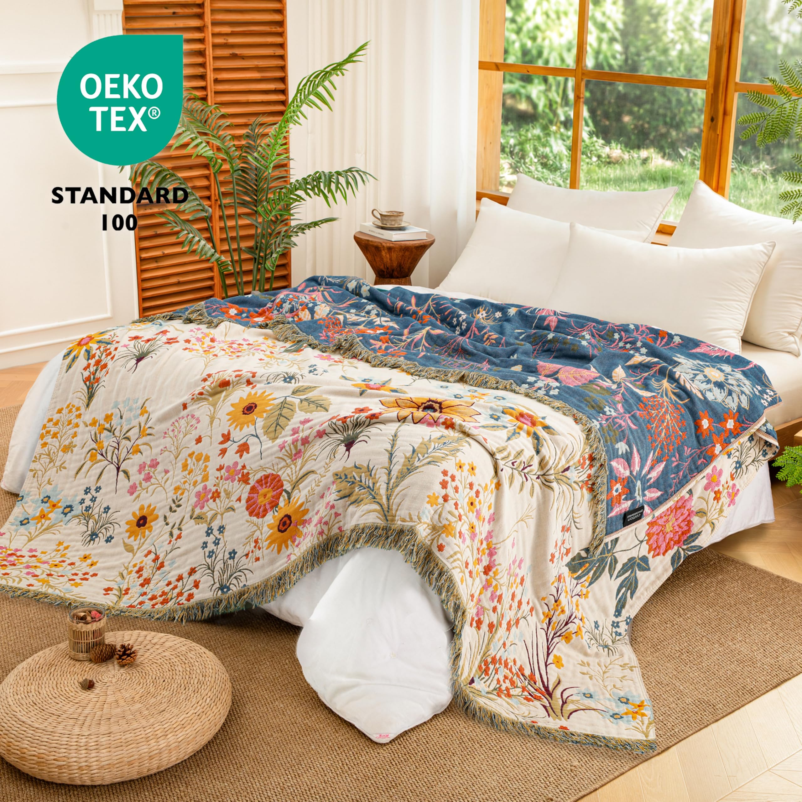 Narzuta w stylu boho z frędzlami, 100% bawełna, dwustronny muślinowy koc 150 x 200 cm, miękki, przytulny koc na sofę, oddychająca, do salonu, sypialni, do użytku przez cały rok