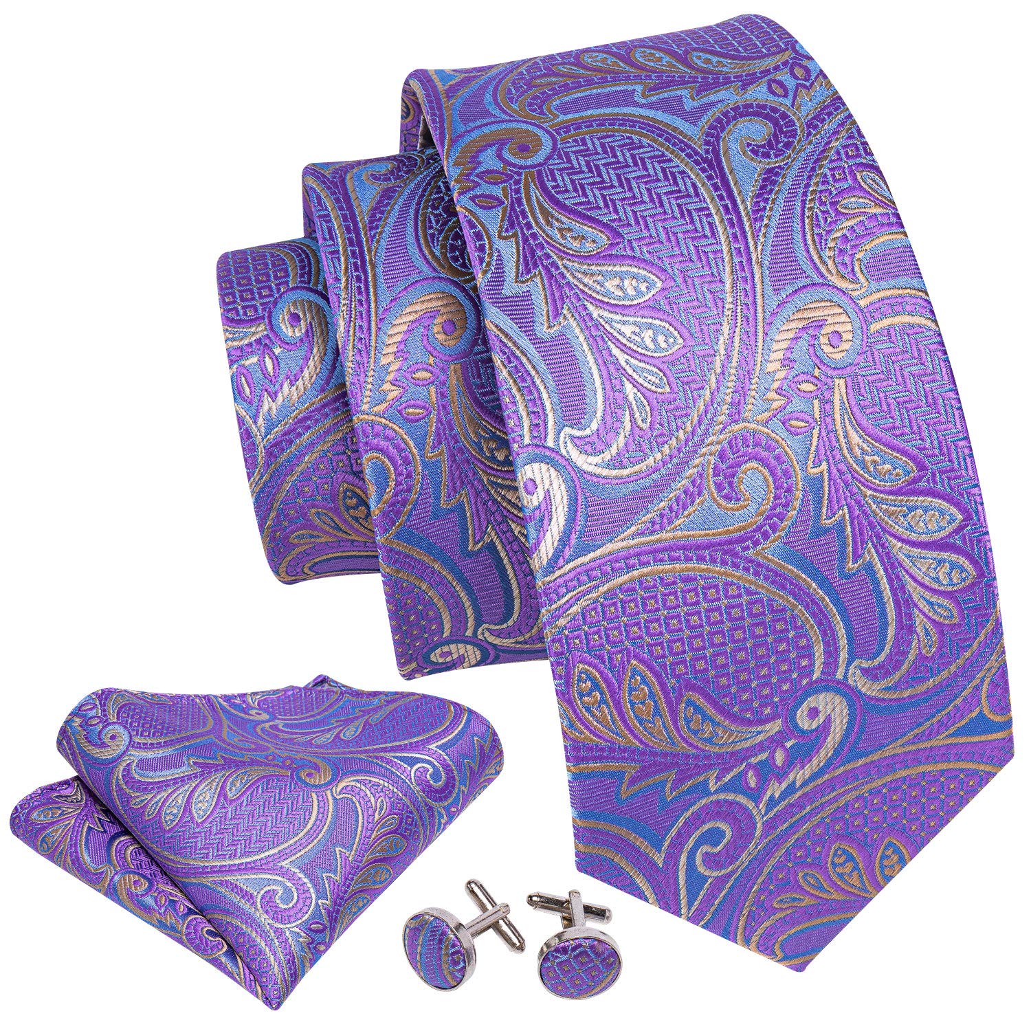Conjunto de corbata floral de cachemira para hombre, corbata de seda con bolsillo, gemelos cuadrados formales, bodas, fiestas, negocios, 02 morado claro, Talla única 4