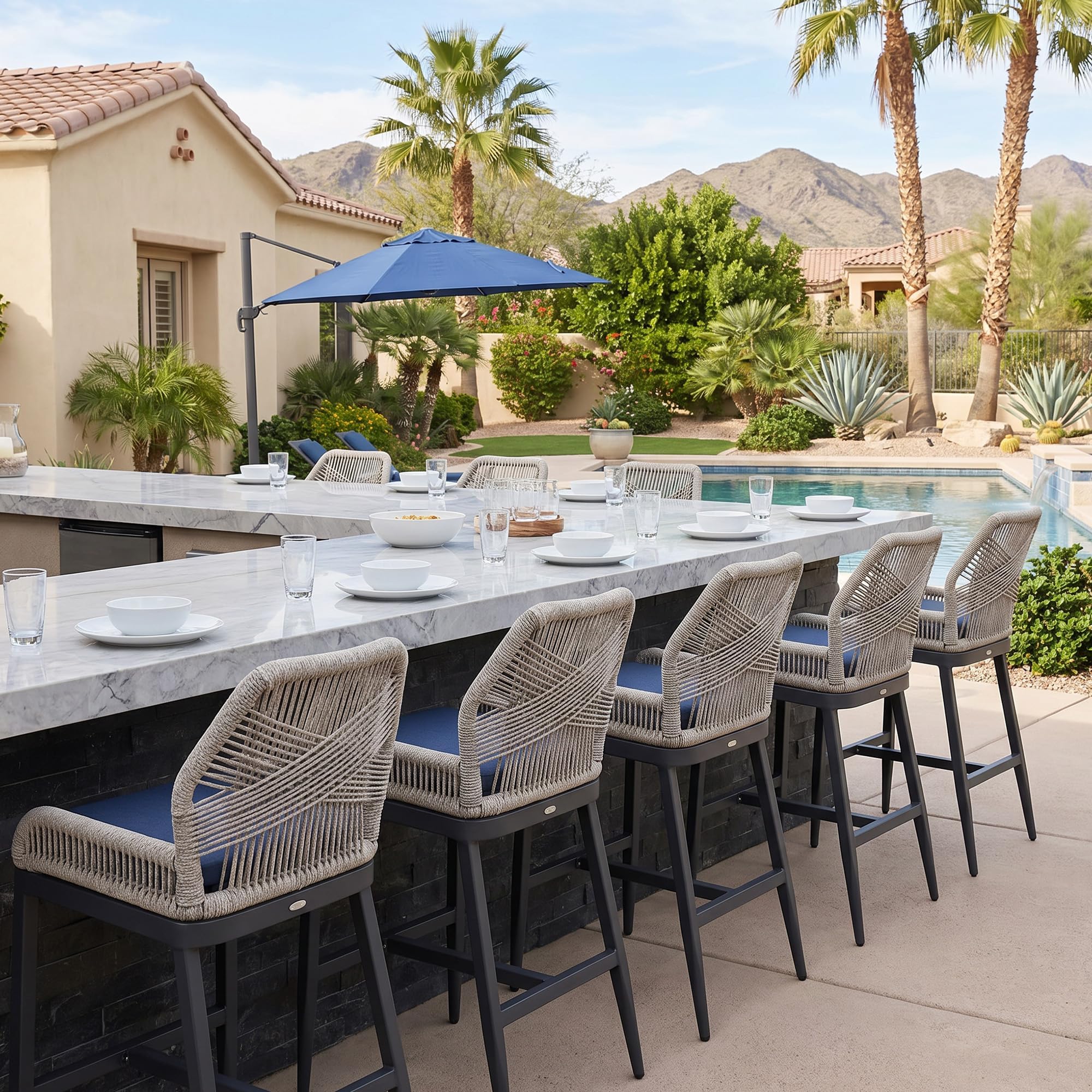 PURPLE LEAF Tall Bar Stools Set of 4 Navy Blue Sunbrella Cushion, Dark Grey