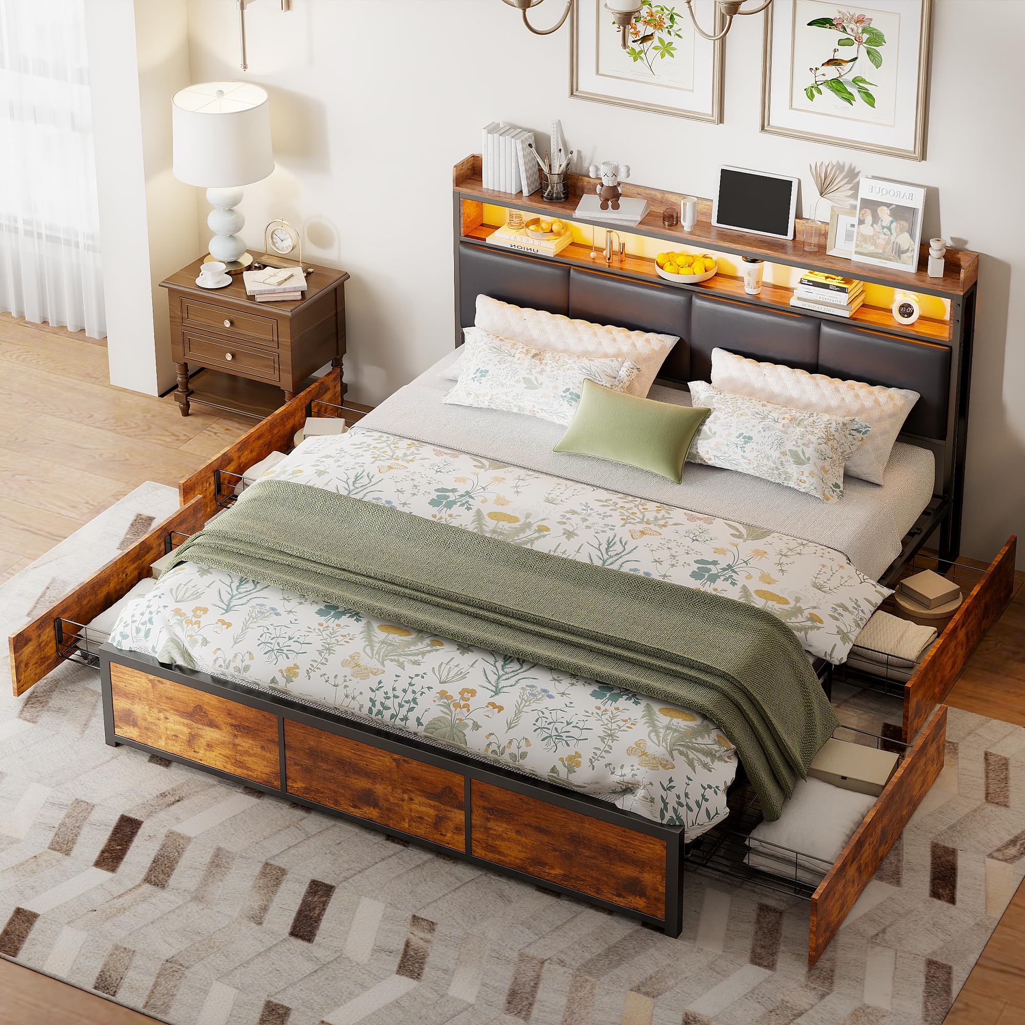BRILVERDE Letto metallo 180x200 con Contenitore, letto matrimoniale con LED, letto con 4 cassetti, con testiera, struttura letto con rete a doghe, Pu (Nero, 180 x 200 cm)