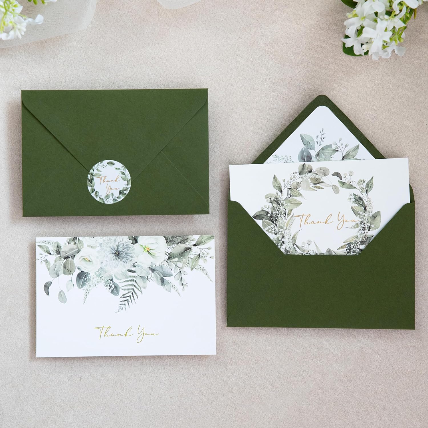 ponatia 50 PACK Olive Green Thank You Cards With Envelopes- Gold Foil & Floral Printing 4x6 Greeting Card With Envelopes & Stickers for Wedding, Bridal Showers, Baby Showers, Birthday, All Occasion
