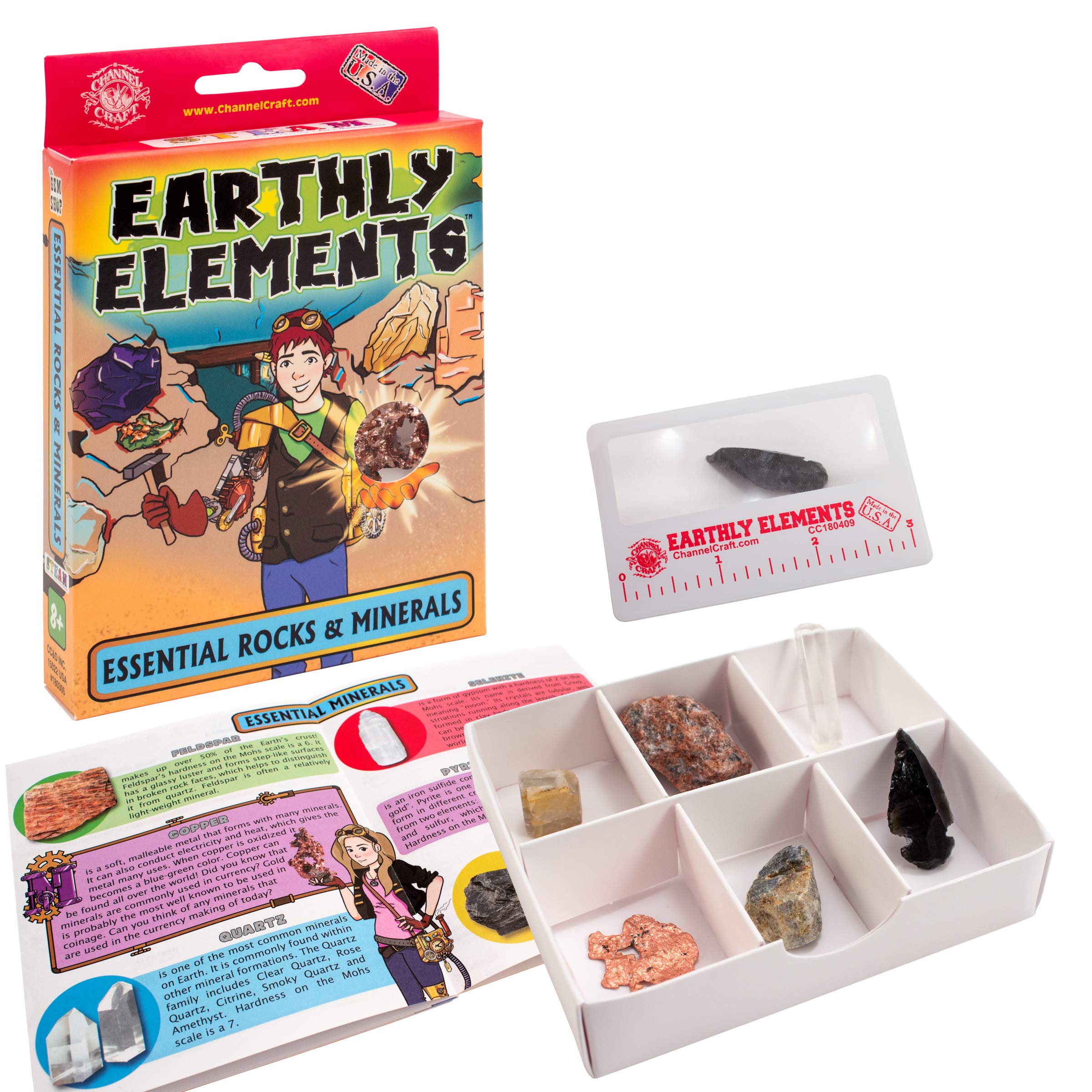 Earthly Elements Rocks & Minerals Kit – 6 Real Specimens, Magnifying Lens, STEAM Guidebook, Travel Size, Made In USA - View #2