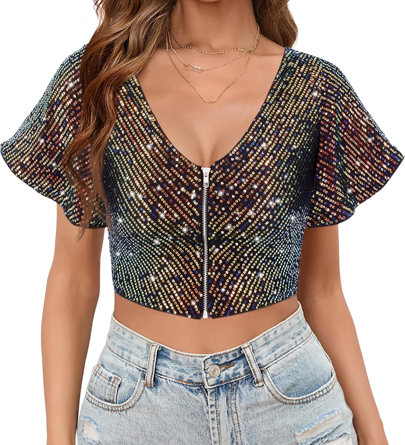 Testudineus Womens Sequin Ruffle Tops Short Sleeve Sparkly Crop Shirt Glitter Concert Disco Party Club Top Tee - Image 2