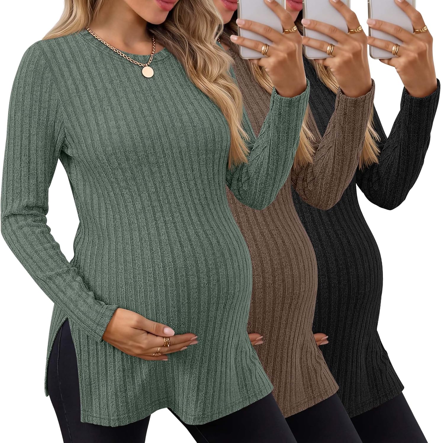 3 Pack Women's Maternity Shirts, Ribbed Long Sleeve Pregnancy Sweaters Knit Split Side Crew Neck Tunic Tees Tops(Black, Brown, Green,Medium)