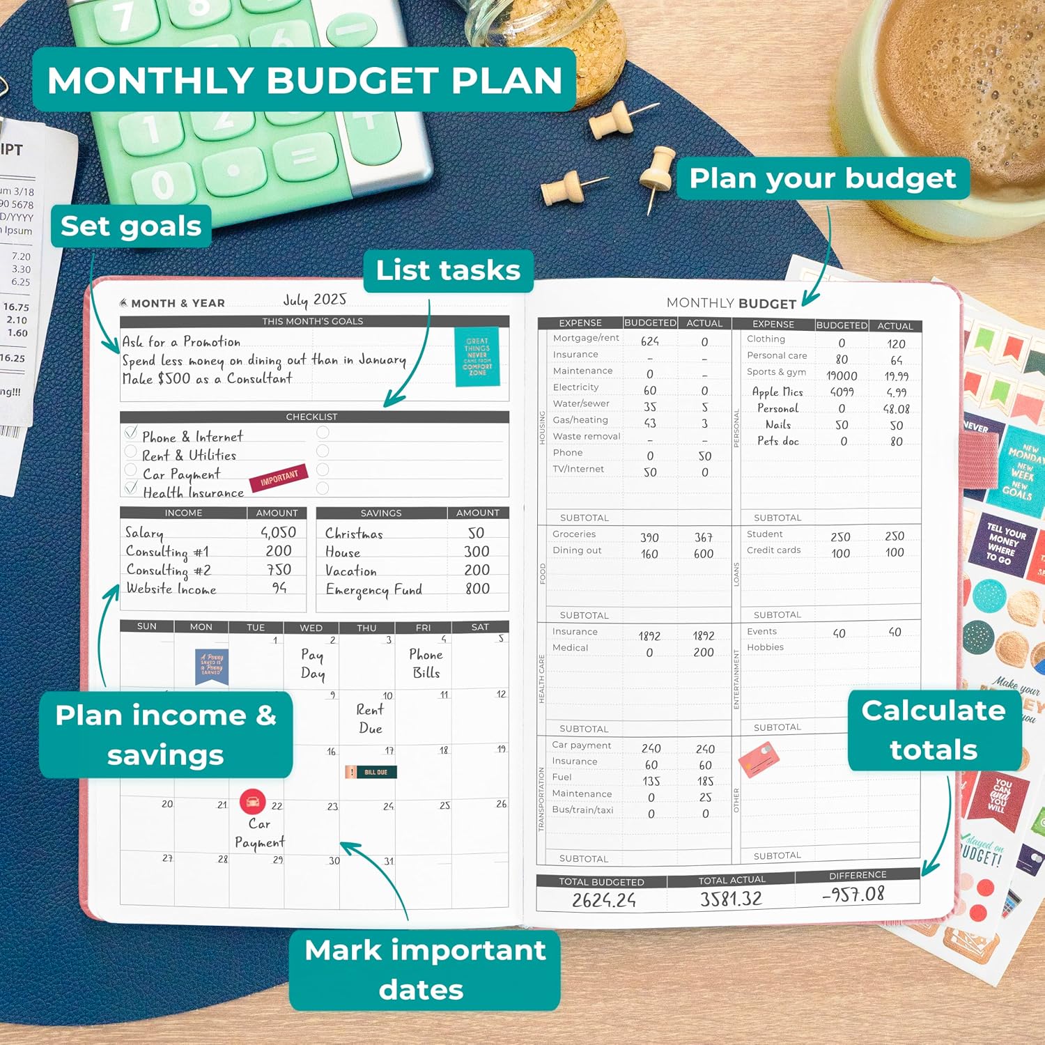 Clever Fox Budget Planner, Monthly Bill Tracker Book 5.8"x8.3" Light Pink image 3
