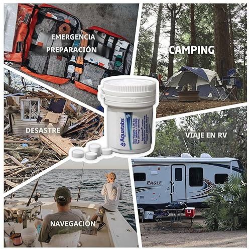 Miniatura 5 de Aquatabs Tabletas de purificación de agua (397 mg, paquete de 100). Sistema de filtración de agua para camping, navegación, agua de emergencia, kit