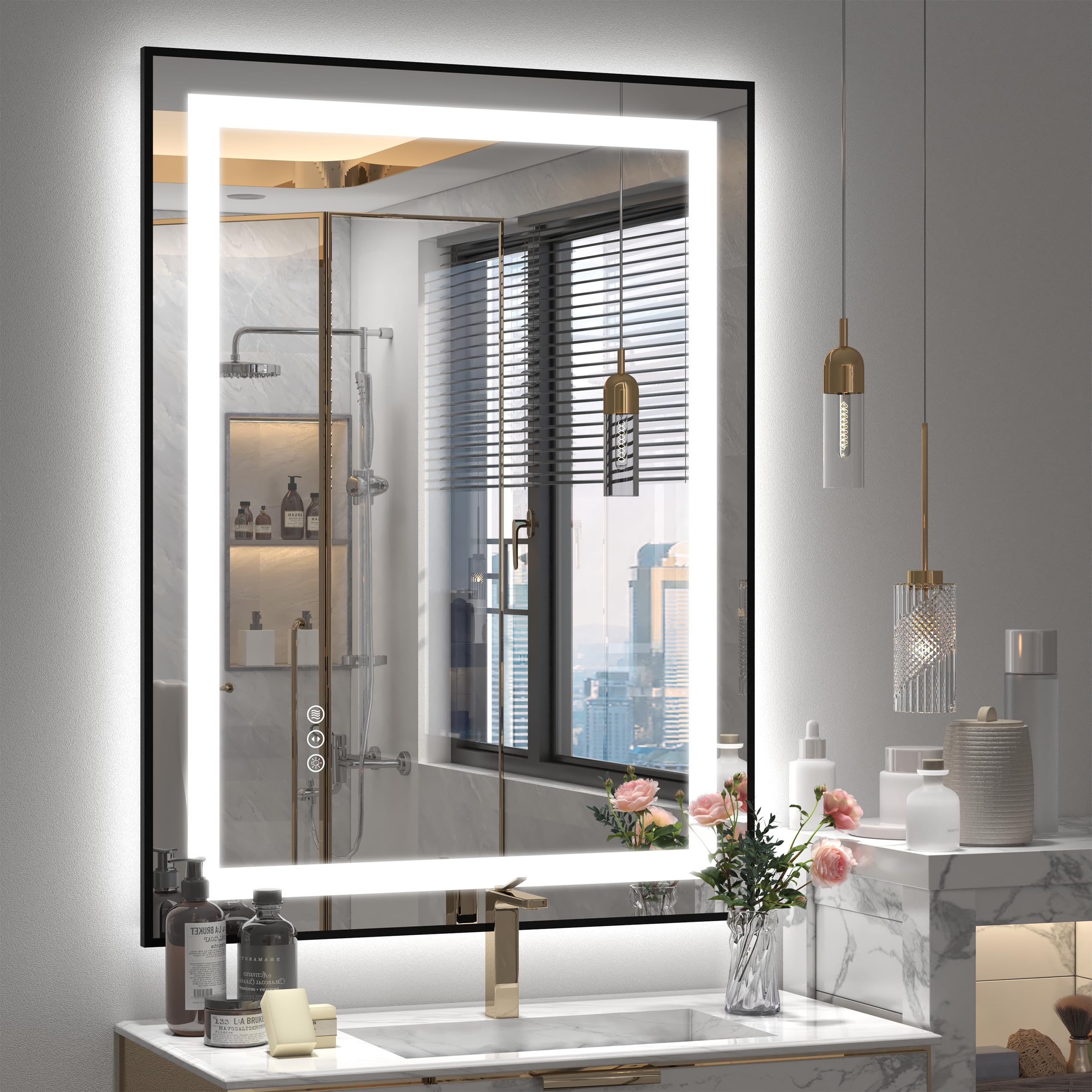 24x37 Framed LED Bathroom Mirror, Lighted Vanity Mirror with Lights, Dimmable Illuminated Mirror for Wall, Anti-Fog, Shatterproof (Front Lights and Backlit)