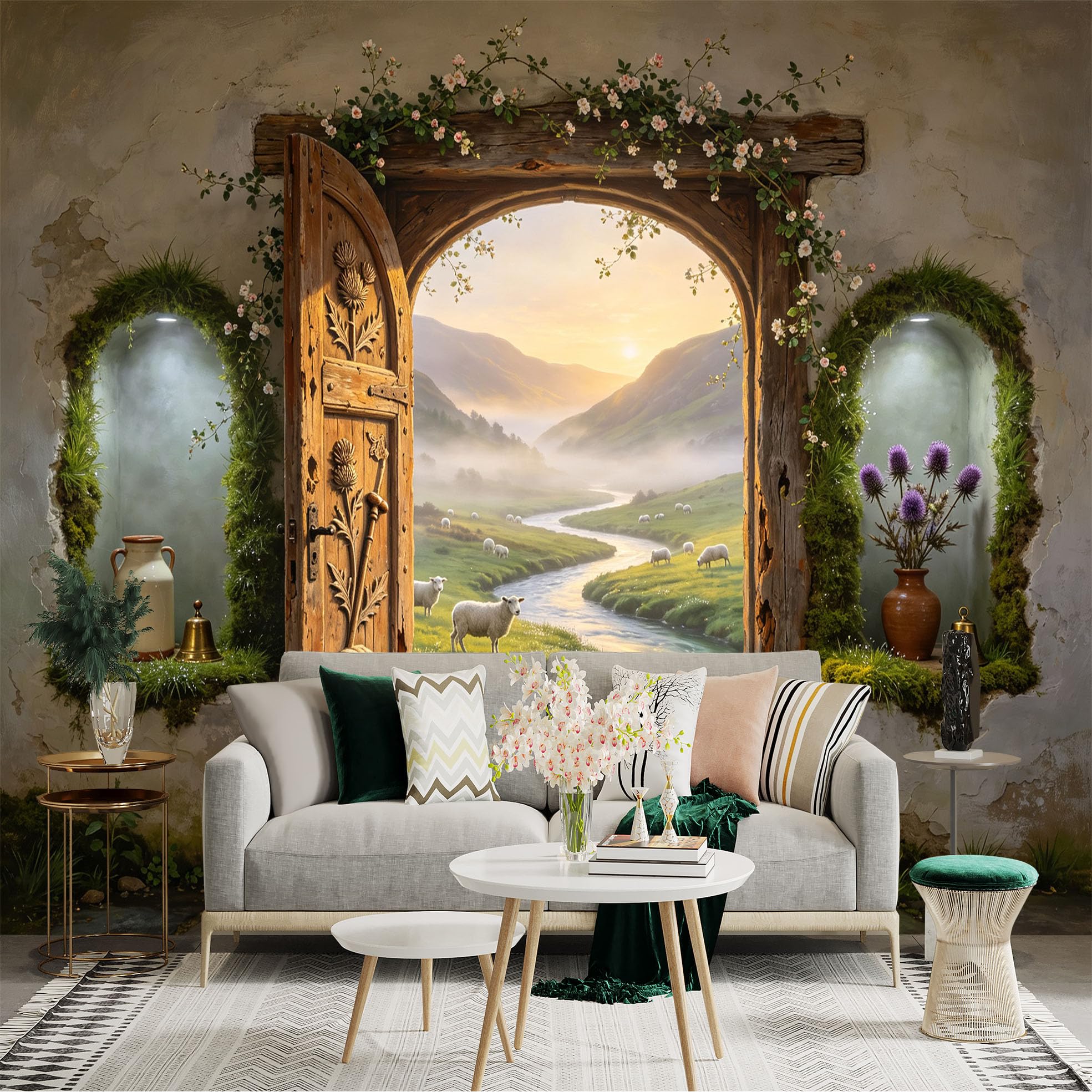 Custom Size Wall Sticker Mural， Rustic Wooden Door， Countryside River Valley， Sheep Meadow Sunrise， for wall Decoration， peelandstick wall Decals.