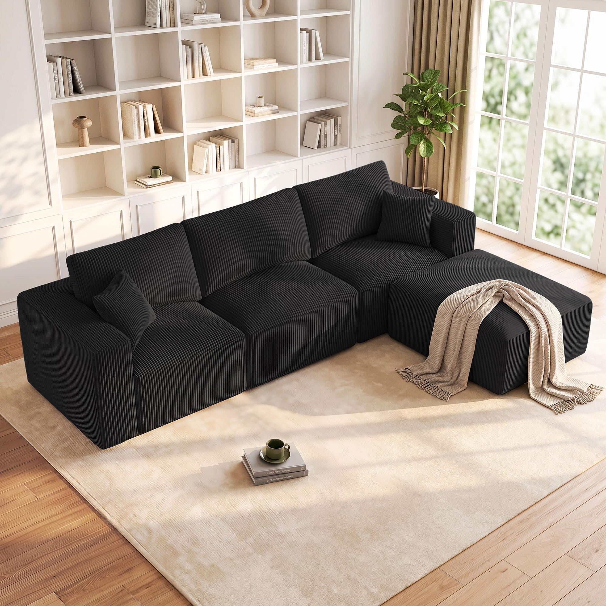 Living&Giving（WALKBON） Living&Giving Boneless Couch Sectional Couch for Living Room, 113" Large Capacity Adjustable L-Shaped Modular Sofa, No Assembly Soft Corduroy Sofa Set for Bedroom, Playroom (Black)