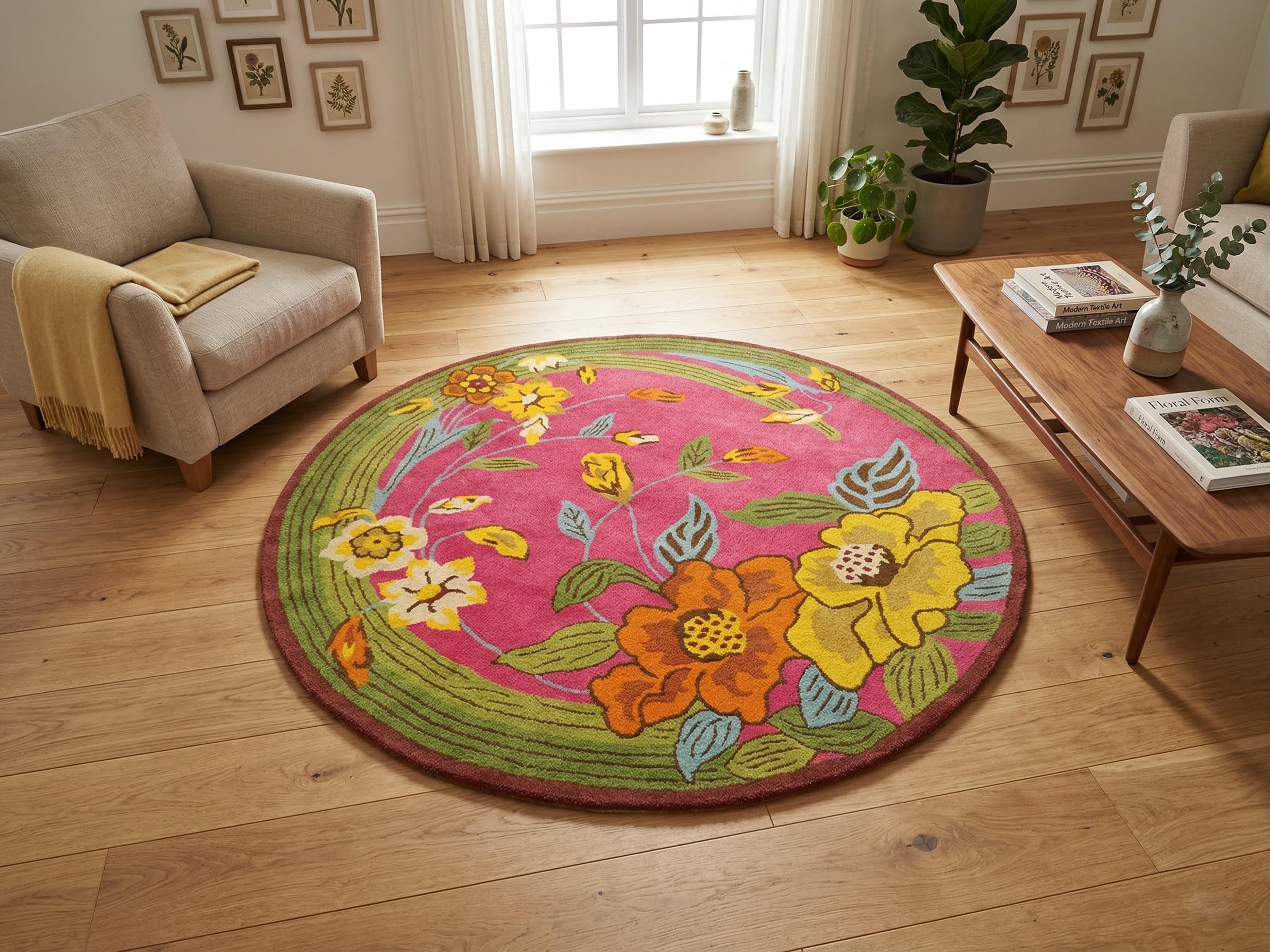 Premium Hand Tufted Round Area Rug 5 Feet (152.4 cm) – New Zealand Wool Floral Carpet, Luxury Pink & Green Designer Rug for Living Room, Bedroom & Dining Area, Soft & Durable Home Decor-image-1