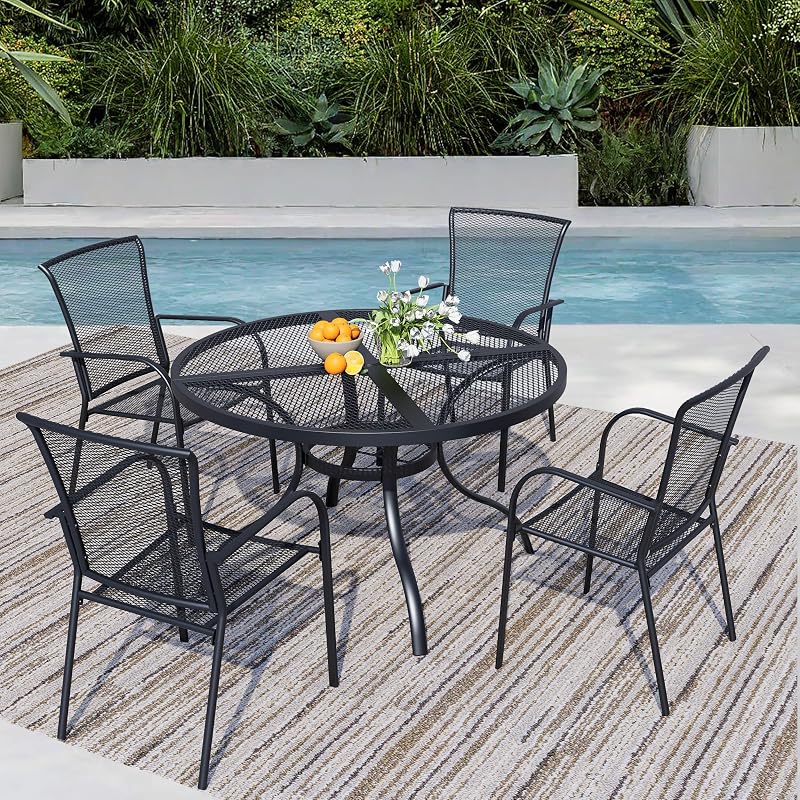Stabrech 5 Pieces Outdoor Dining Set for 4, Black Metal Mesh Outdoor Dining Table and 4 Black Metal Mesh Stackable Patio Chairs with Armrest, Patio Table and Chairs Set for Lawn Garden Backyard