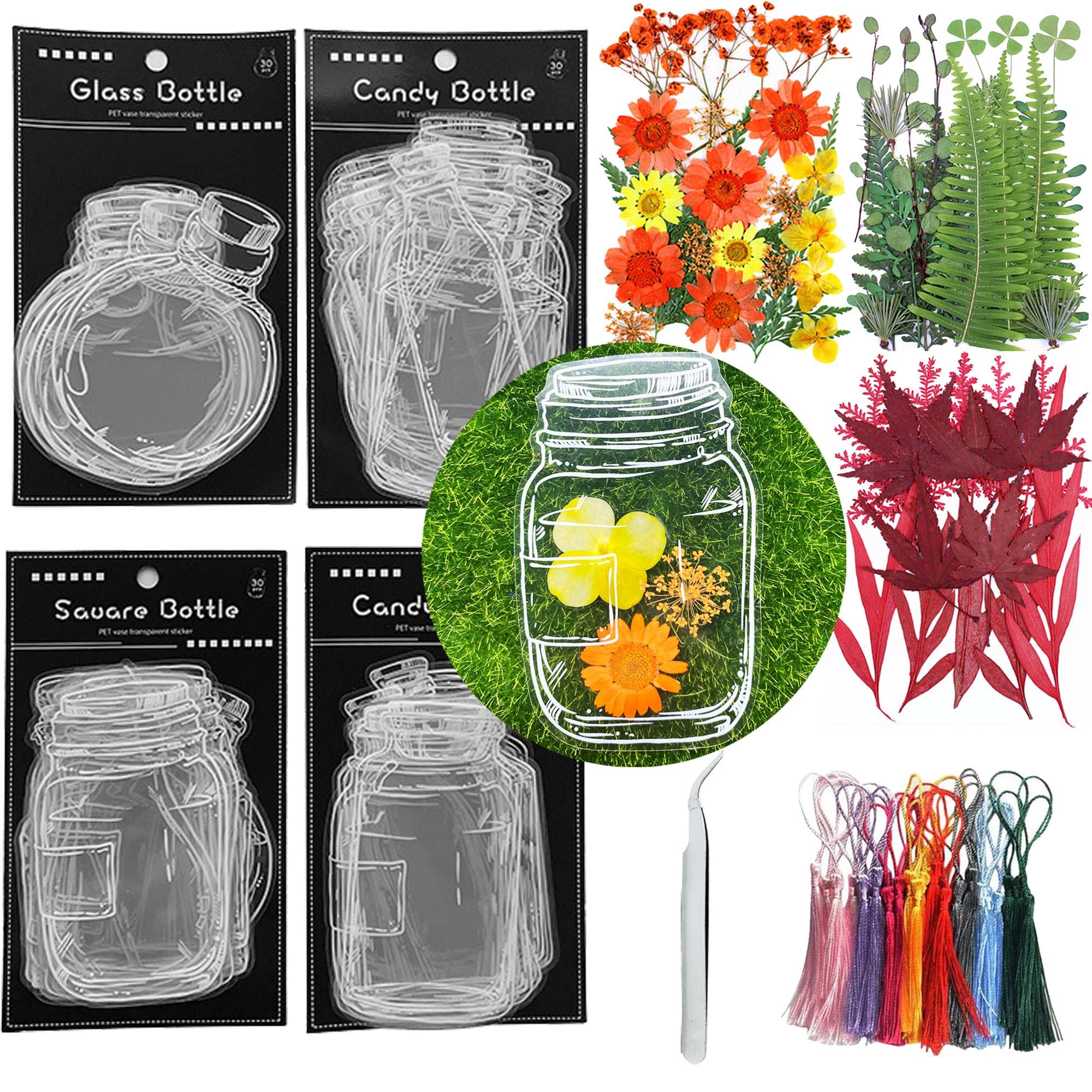 Cayway DIY Transparent Dried Flower Bookmark Set Include Clear Bookmarks Dried Flowers Colorful Tassels and Real Pressed Flowers Dry and Handmade Dried Floral Bookmark for Reader (120PCS)