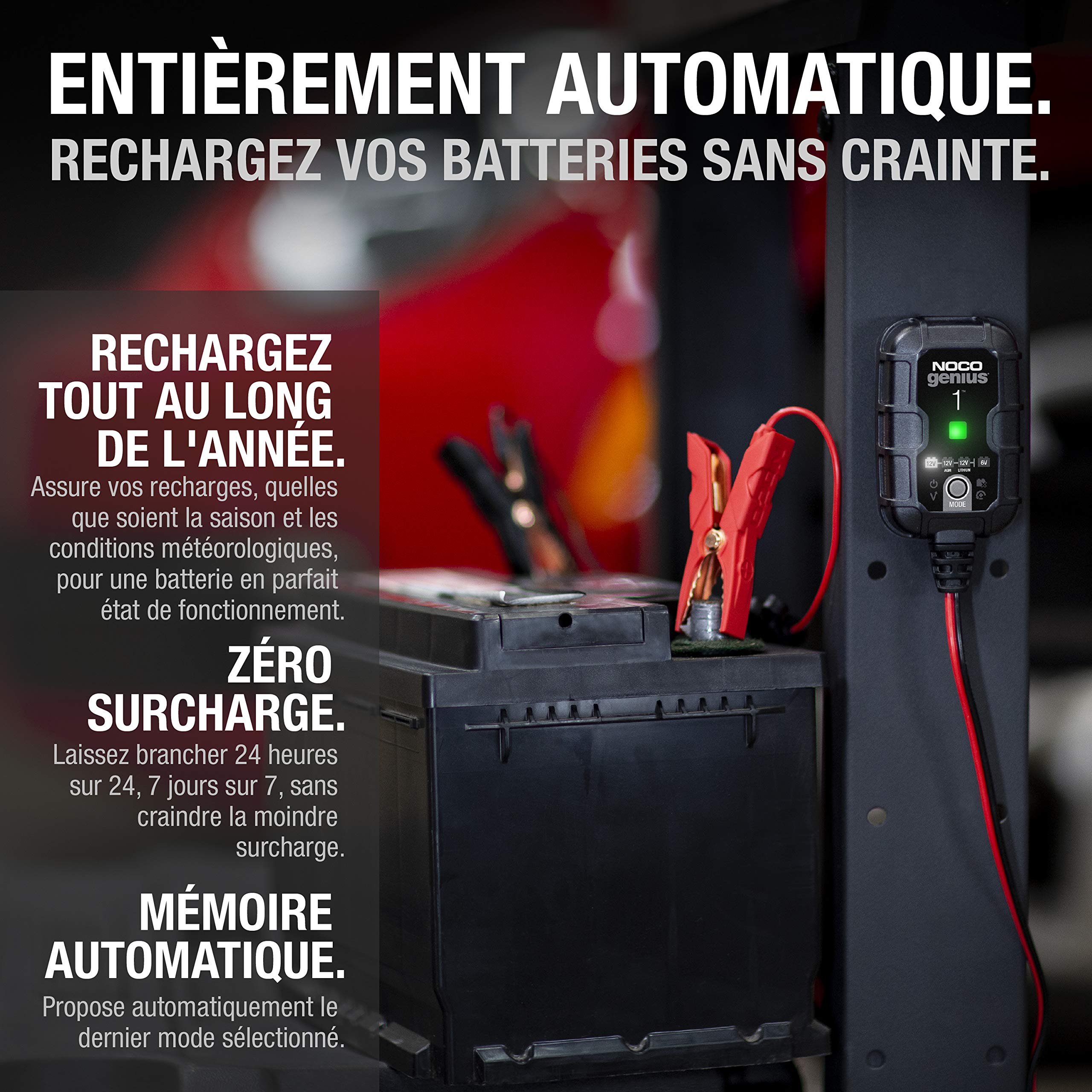 NOCO GENIUS1: Chargeur de Batterie Intelligent 1A 6V/12V – Maintien Automatique, Charge Lente & Désulfateur – Protection Surcharge & Compensation Température – pour Batteries Plomb & Lithium