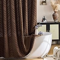 Vista 26 de Cortina de ducha bohemia rosa de tela tejida con borlas blancas, bonita cortina de ducha moderna de granja con textura tufted de chevrón a rayas